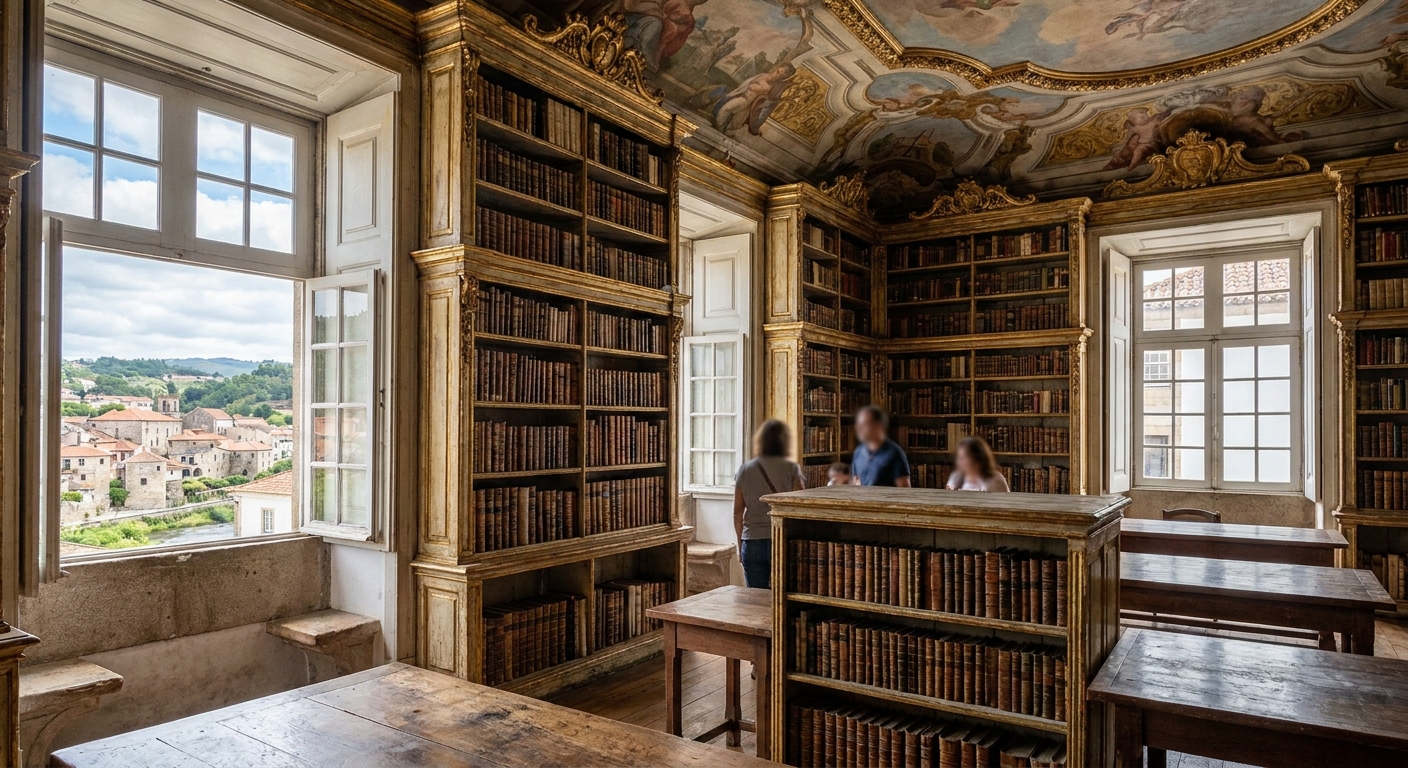 Baroque reading room with painted ceiling and tiered gilded wooden bookshelves