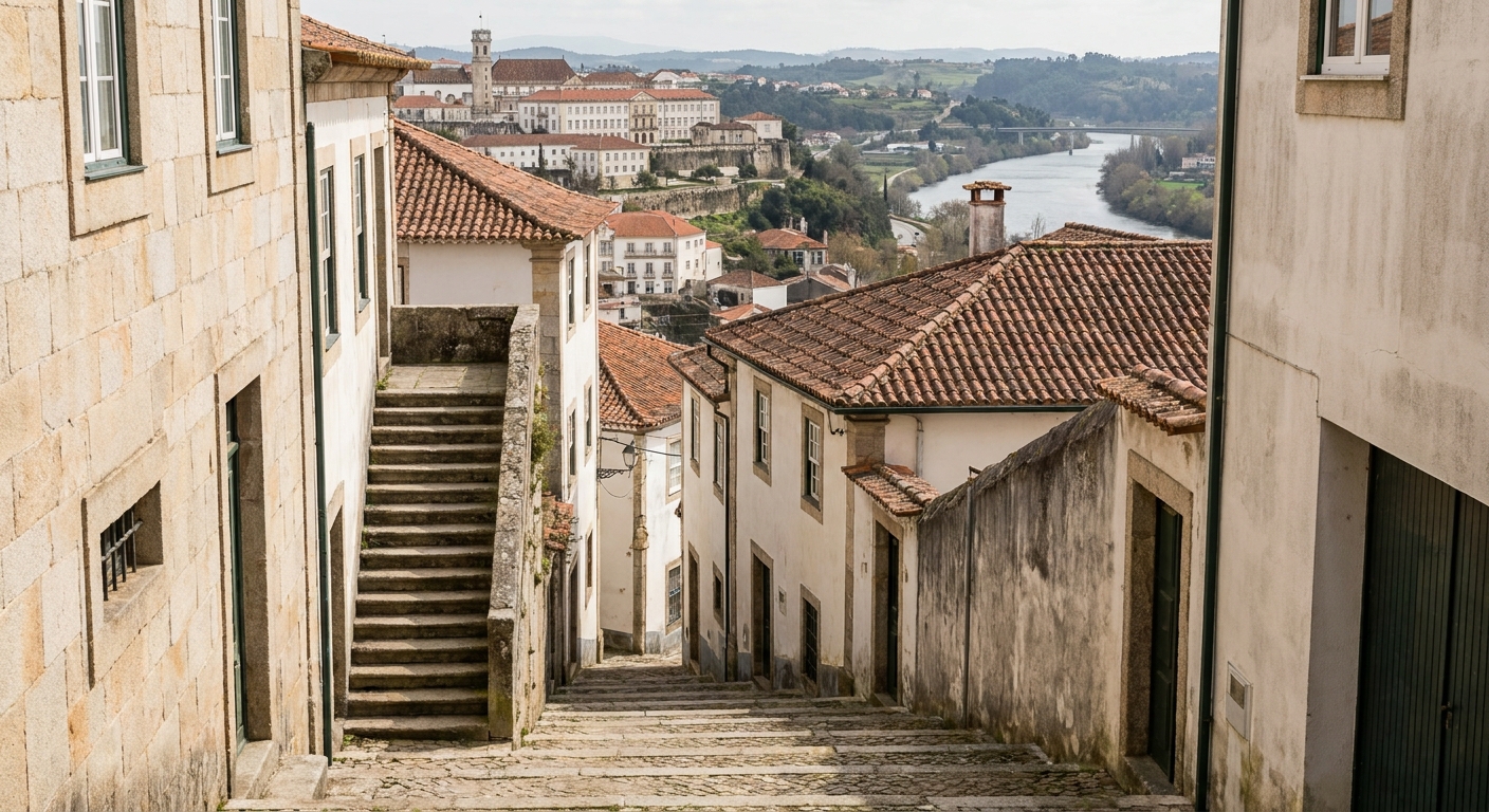 Stone stairways climbing between old houses toward the university buildings on the hill above Coimbra, with the Mondego river below