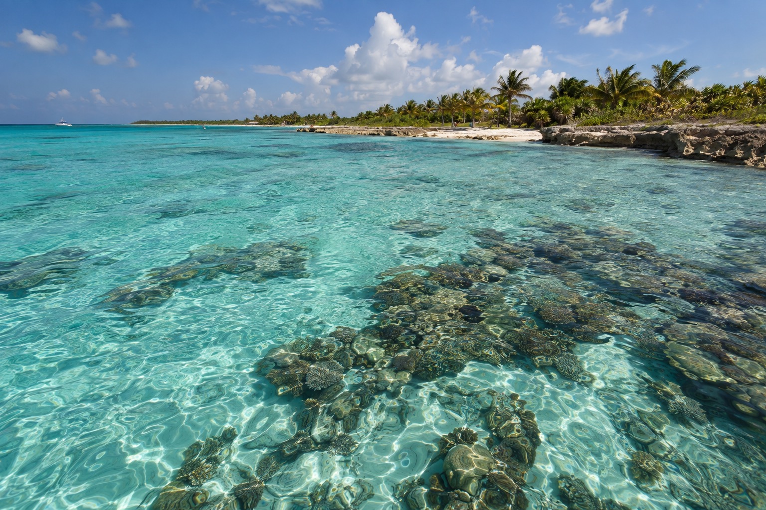 Clear shallow reef water with coral formations seen from a boat off Cozumel