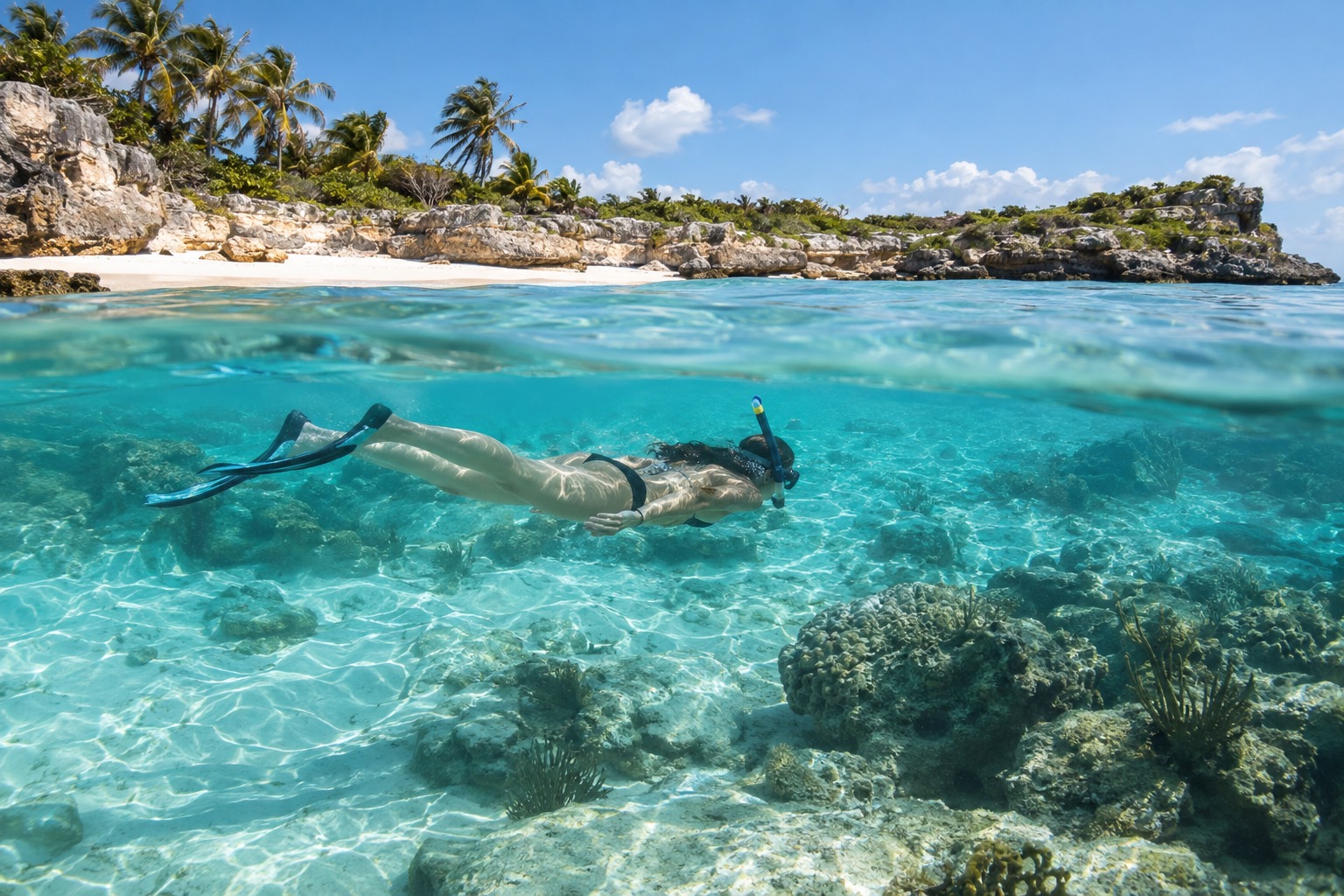 A snorkeler floating above a coral reef in clear turquoise water