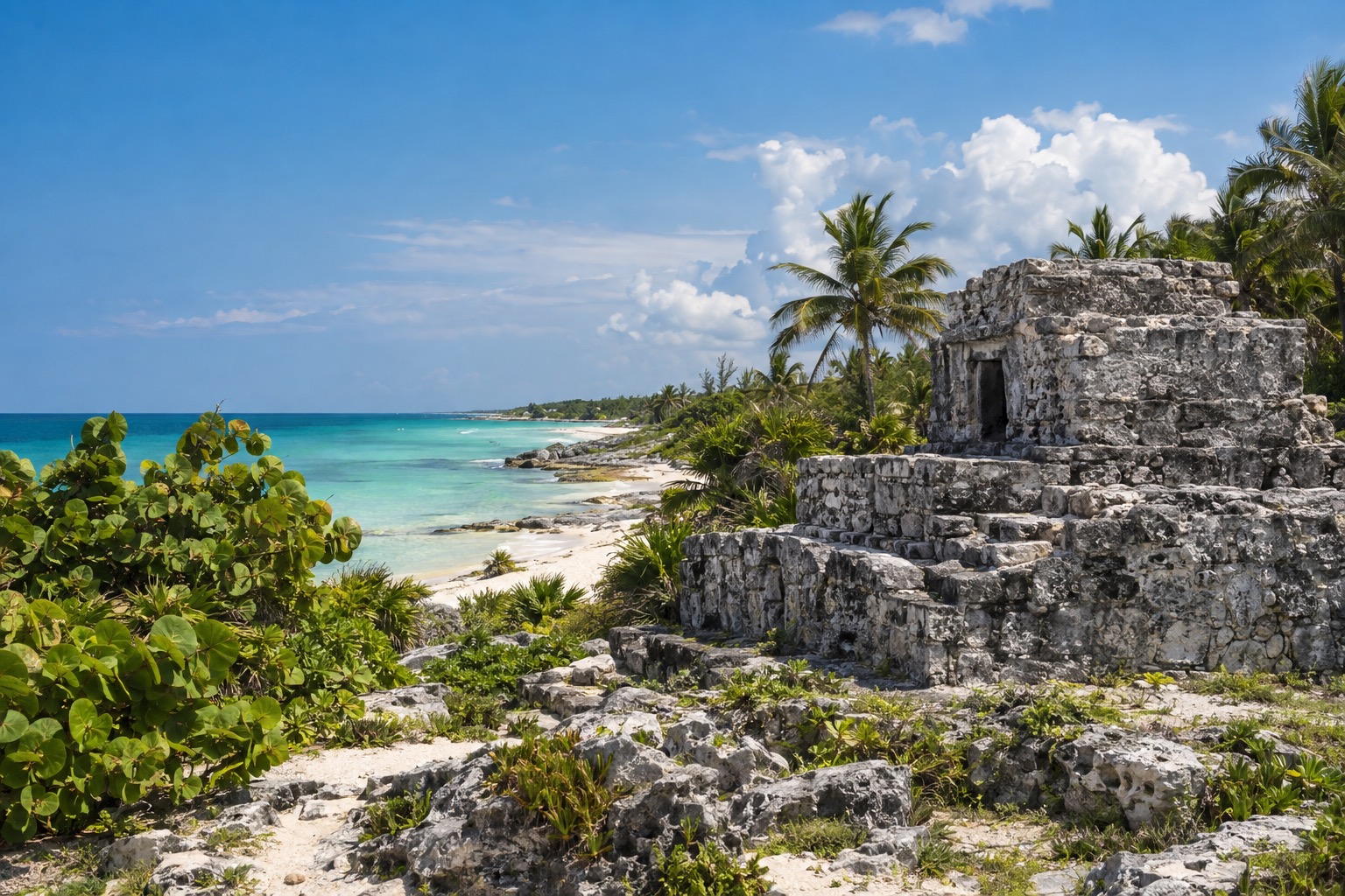 Low limestone Maya temple in a jungle clearing on Cozumel