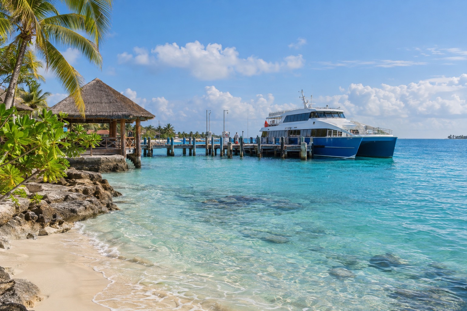 Waterfront promenade of a Caribbean island town in early morning light with a ferry alongside a pier