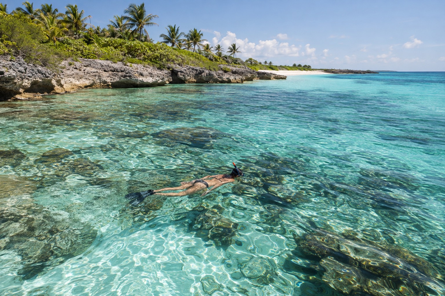 Snorkeler floating above a coral reef in clear turquoise water