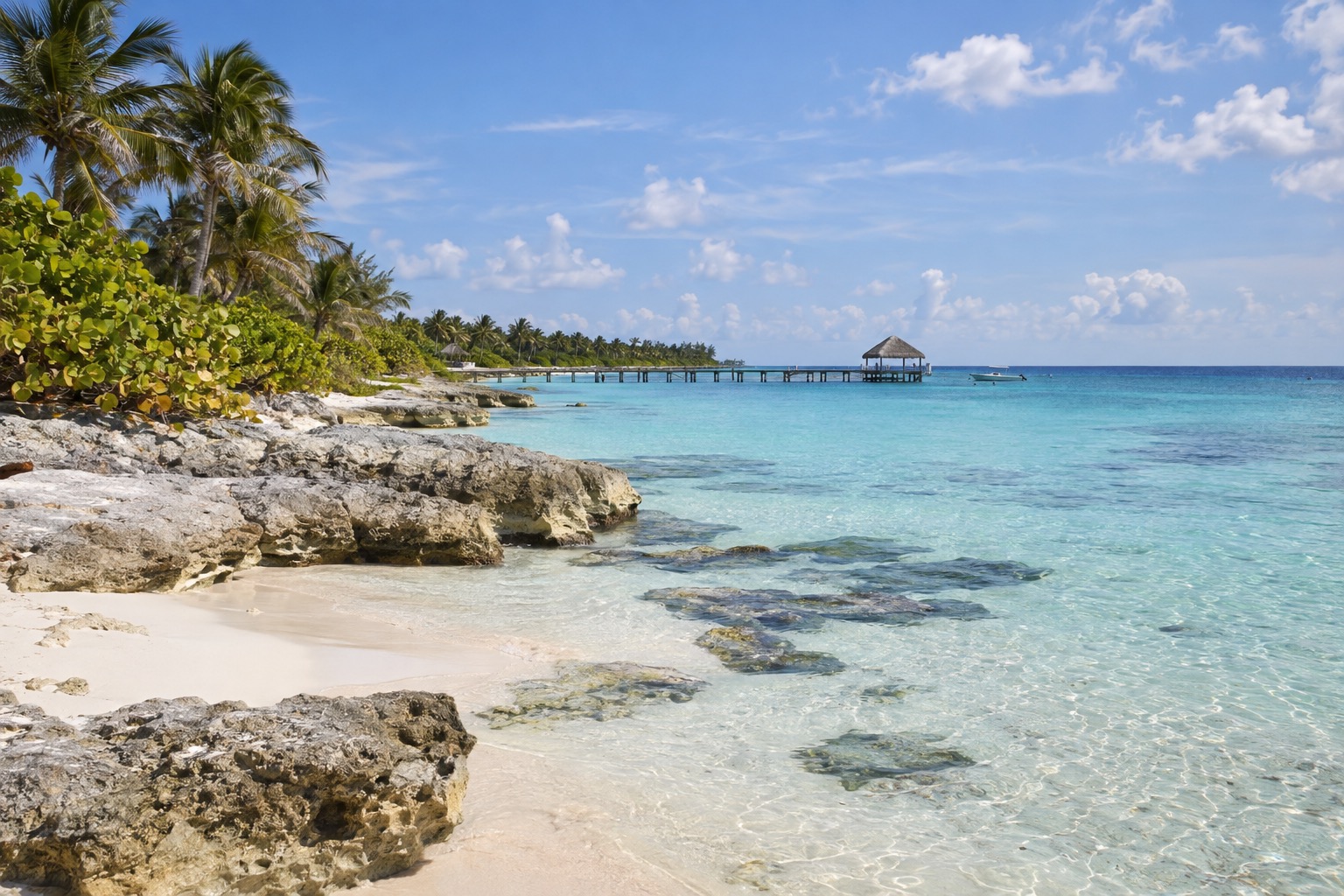 Calm turquoise water off the leeward west coast of Cozumel with a pier in the distance