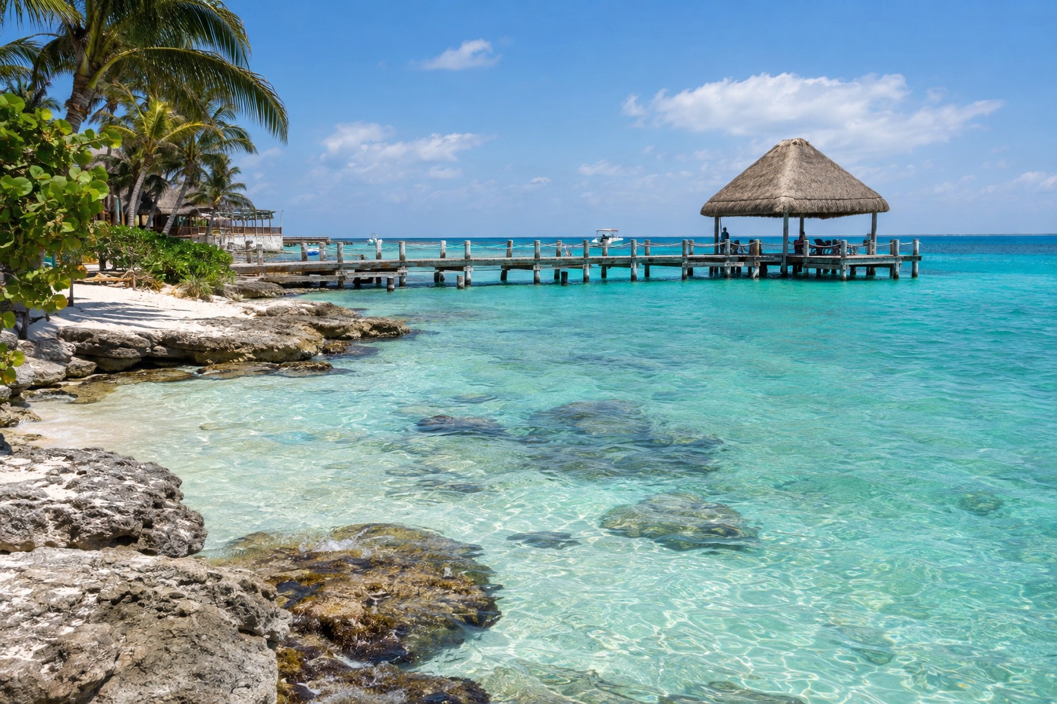 Turquoise Caribbean water beside a pier on the west coast of Cozumel
