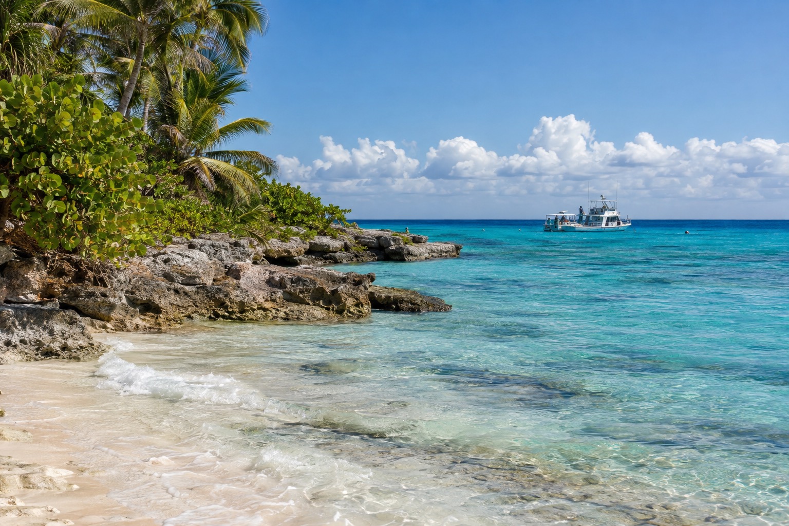 Turquoise Caribbean water off the west coast of Cozumel with a dive boat in the distance