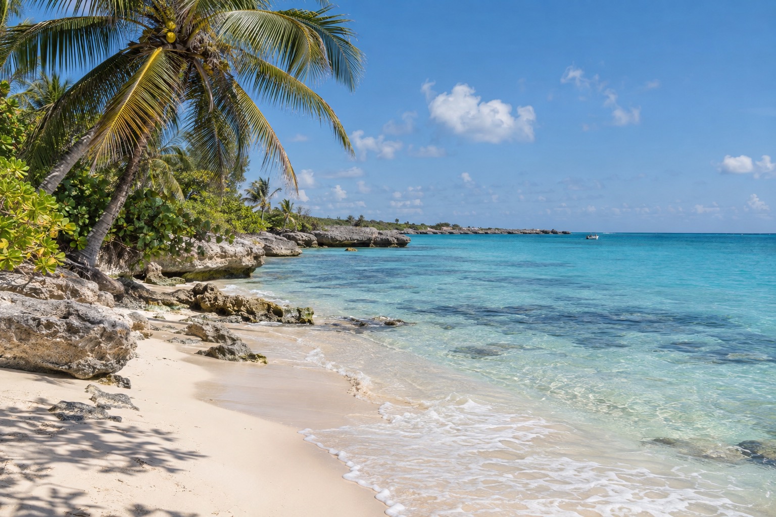 Clear turquoise water lapping a sandy shoreline on the calm west side of a Caribbean island