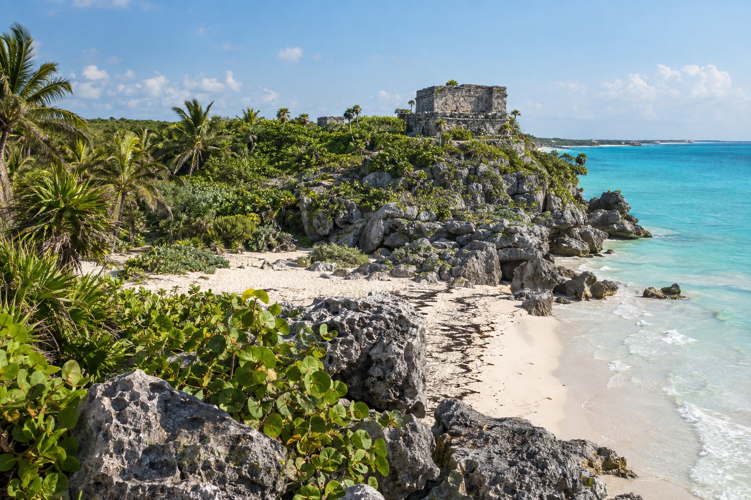 Low limestone temple ruins among jungle trees at a Maya archaeological site