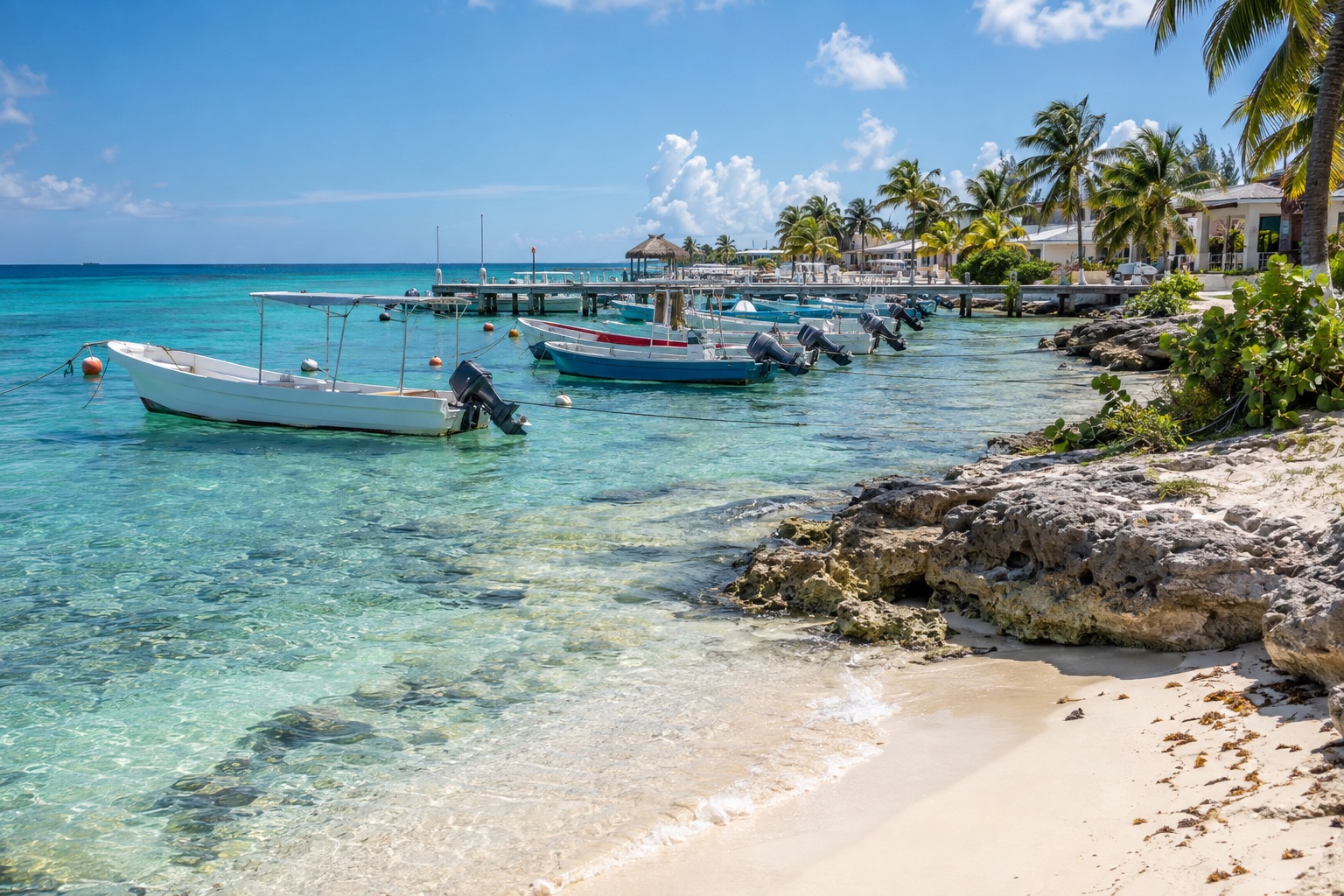 Small boats moored along the waterfront of San Miguel de Cozumel on a clear morning