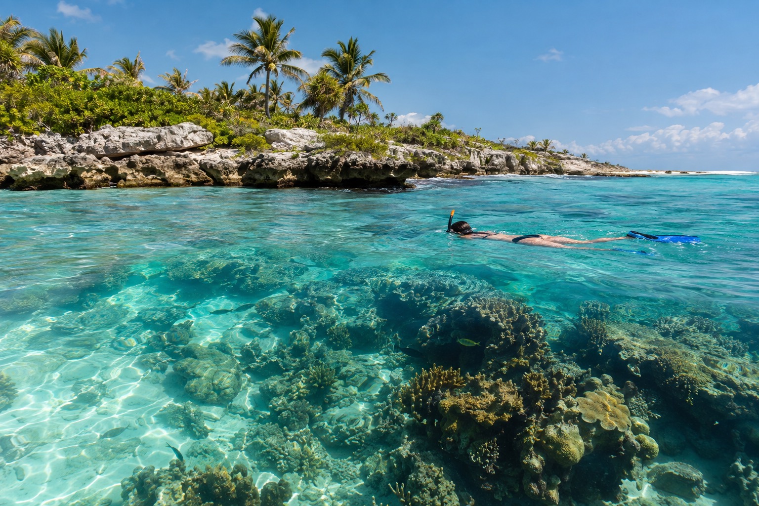 A snorkeler floating above a coral reef in clear turquoise water
