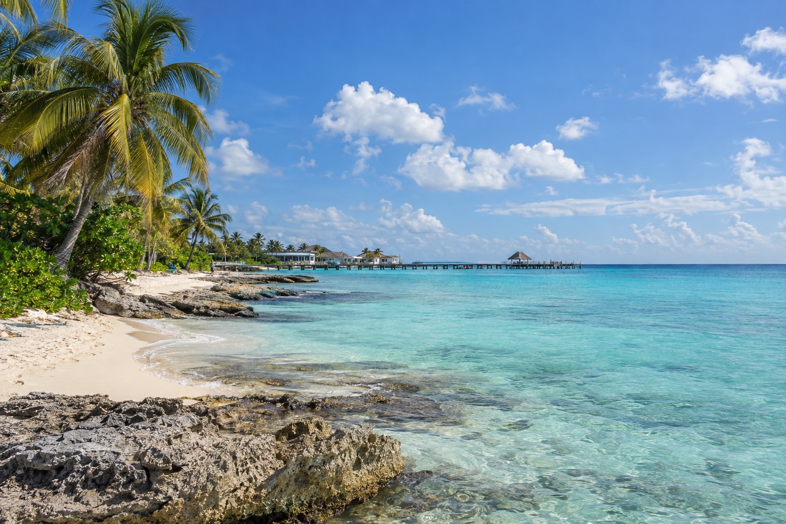 Calm turquoise water along the west coast of Cozumel with a pier and low buildings in the distance
