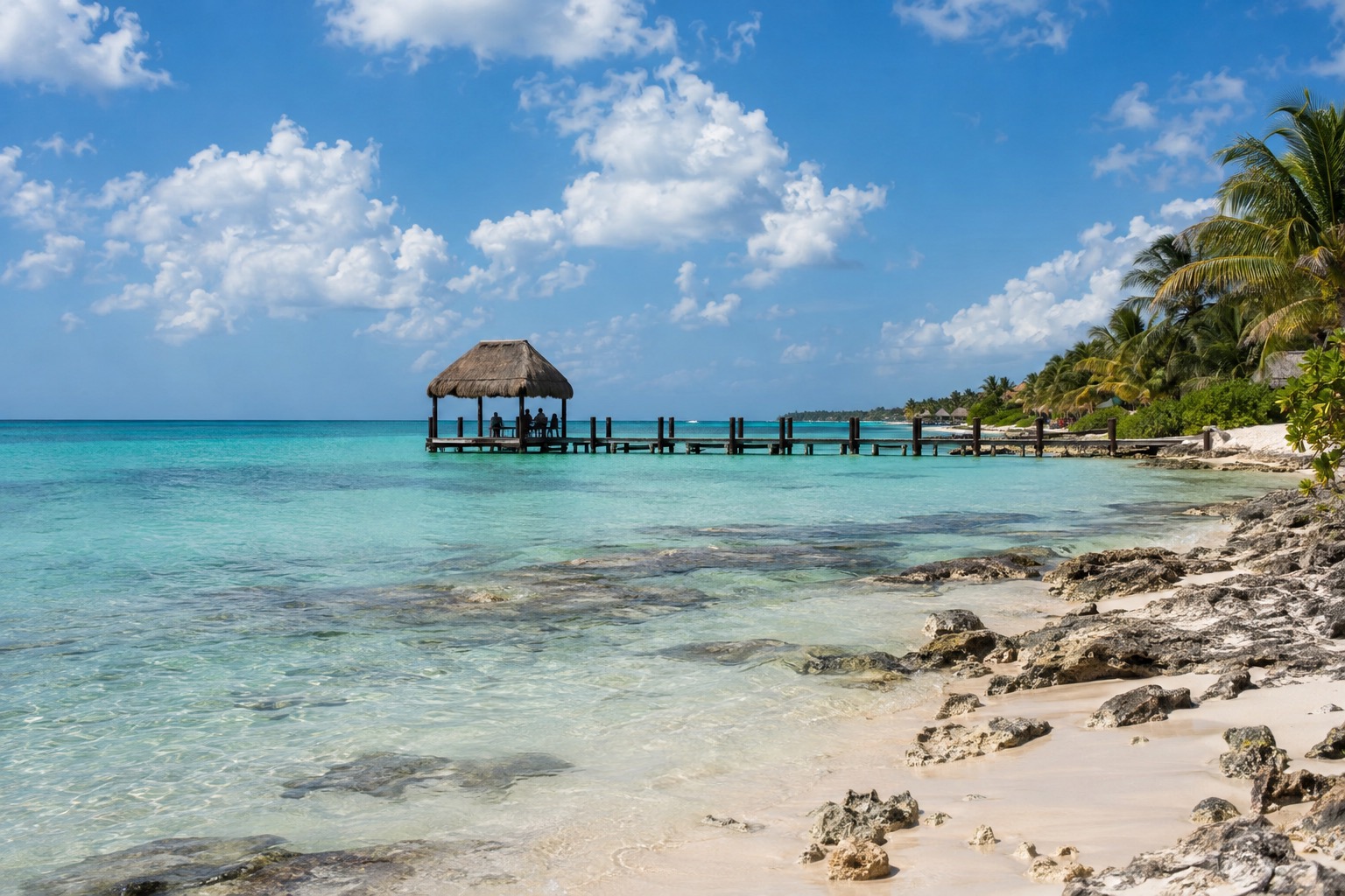 Calm turquoise water and a pier along the west coast of Cozumel under scattered clouds