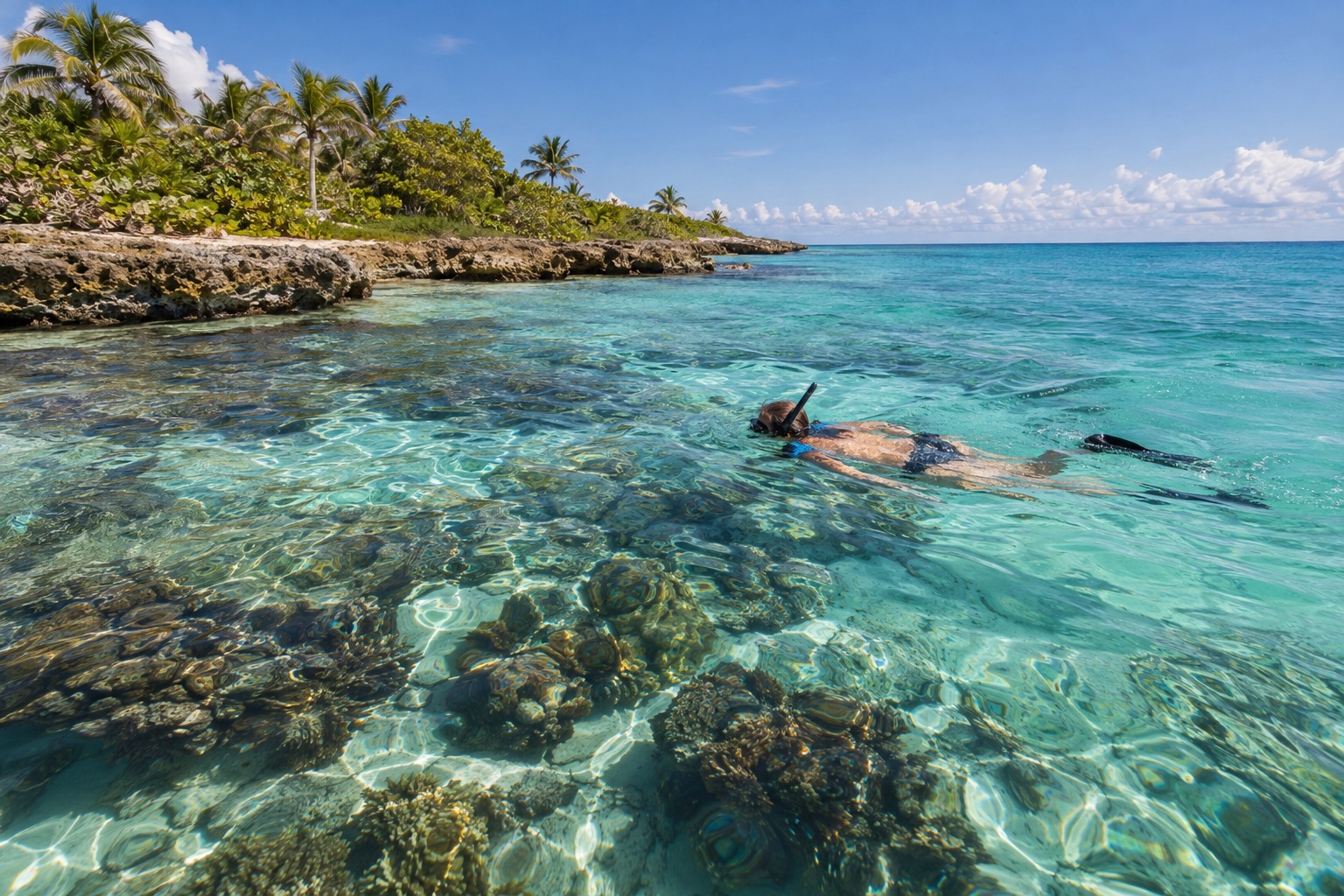 A snorkeler floating above a coral reef in clear shallow water off Cozumel