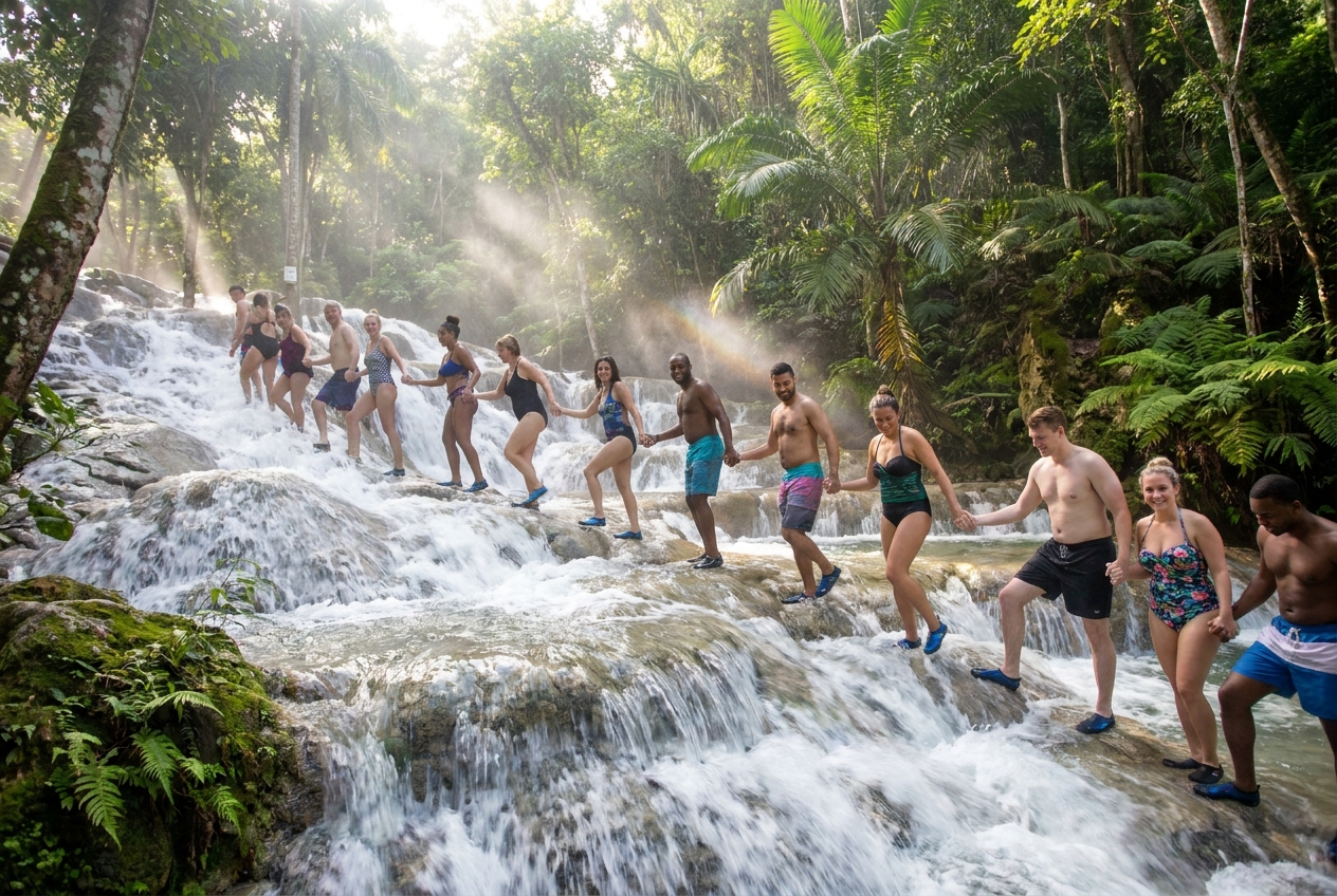 A laughing human chain of visitors climbing Dunn's River Falls through rushing water