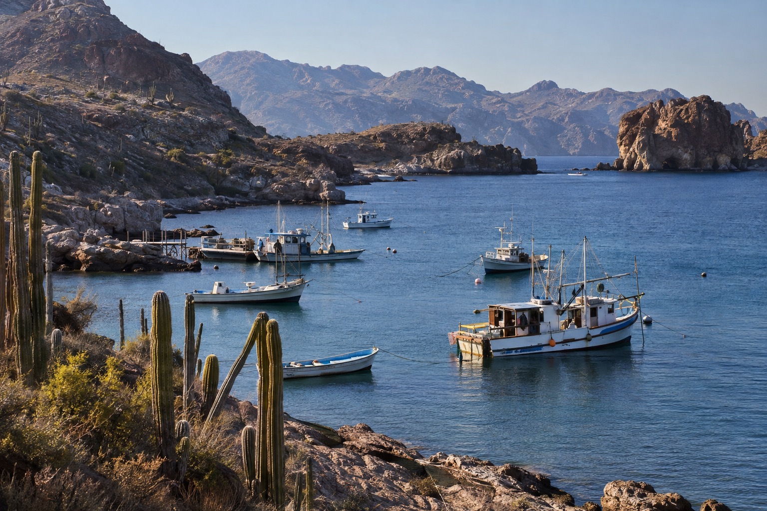 Fishing boats moored in a bay harbor on the Pacific coast of Baja California with hills behind