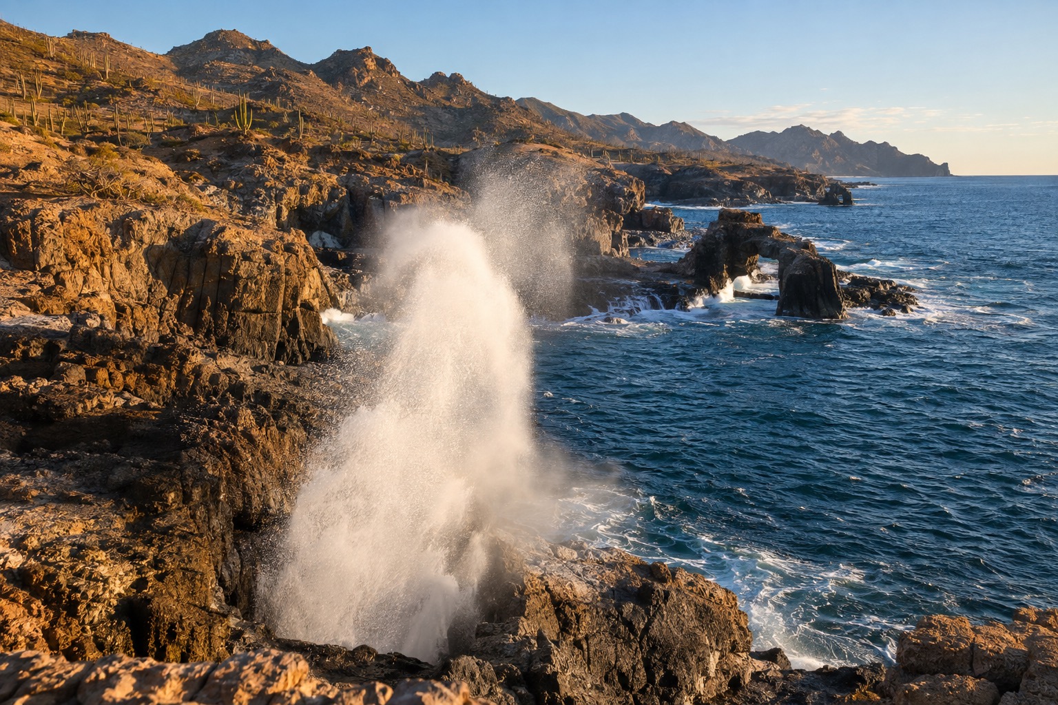 A plume of seawater rising above a rocky coastal blowhole with the Pacific behind it