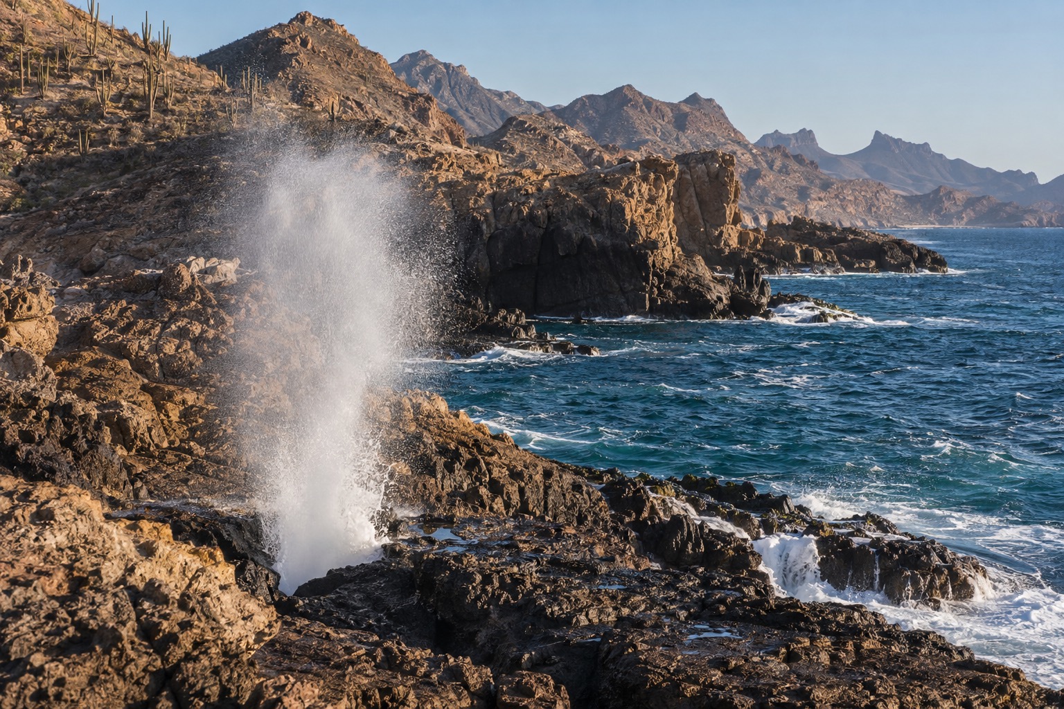 Seawater spraying upward through a rocky coastal blowhole on a peninsula