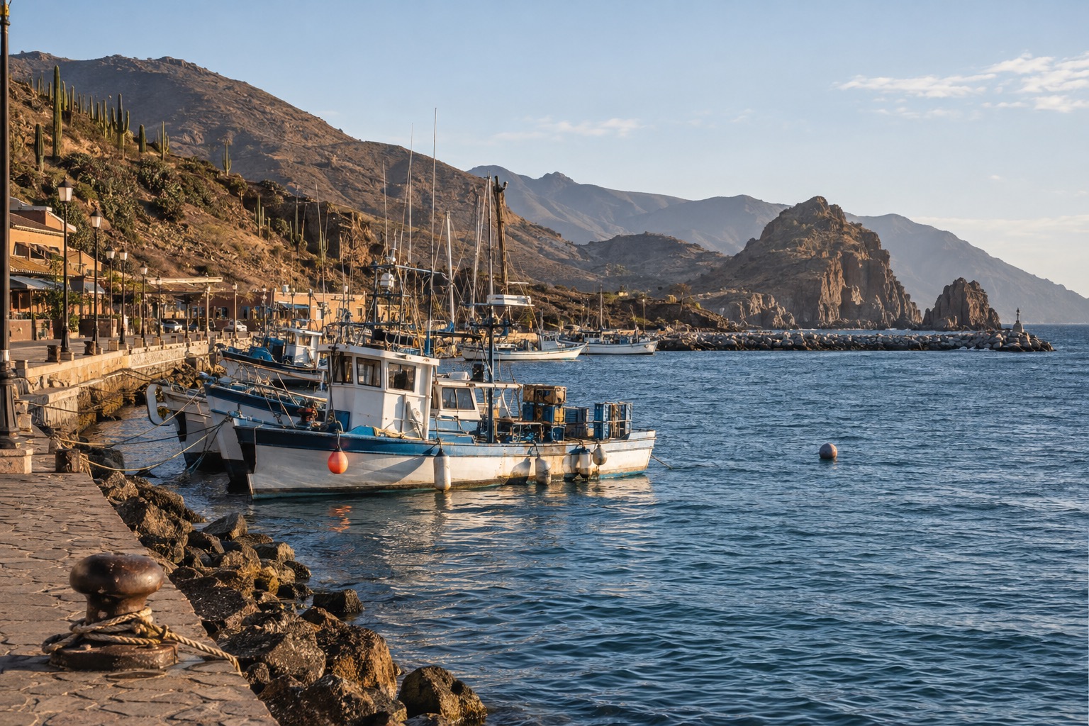 Fishing boats and a waterfront promenade along the bay at Ensenada under a pale winter sky