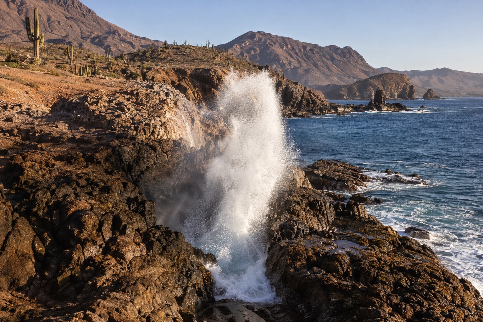 Seawater surging up through a rocky blowhole on a coastal headland