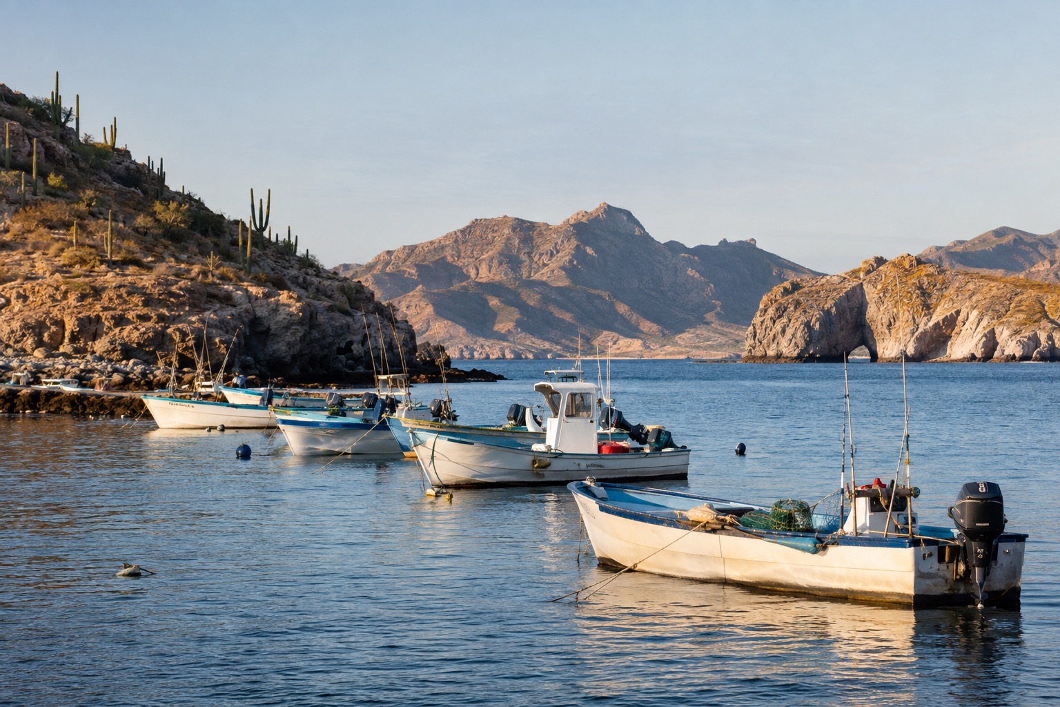 Fishing boats moored in a harbor on the Pacific coast with low hills behind under a soft winter sky