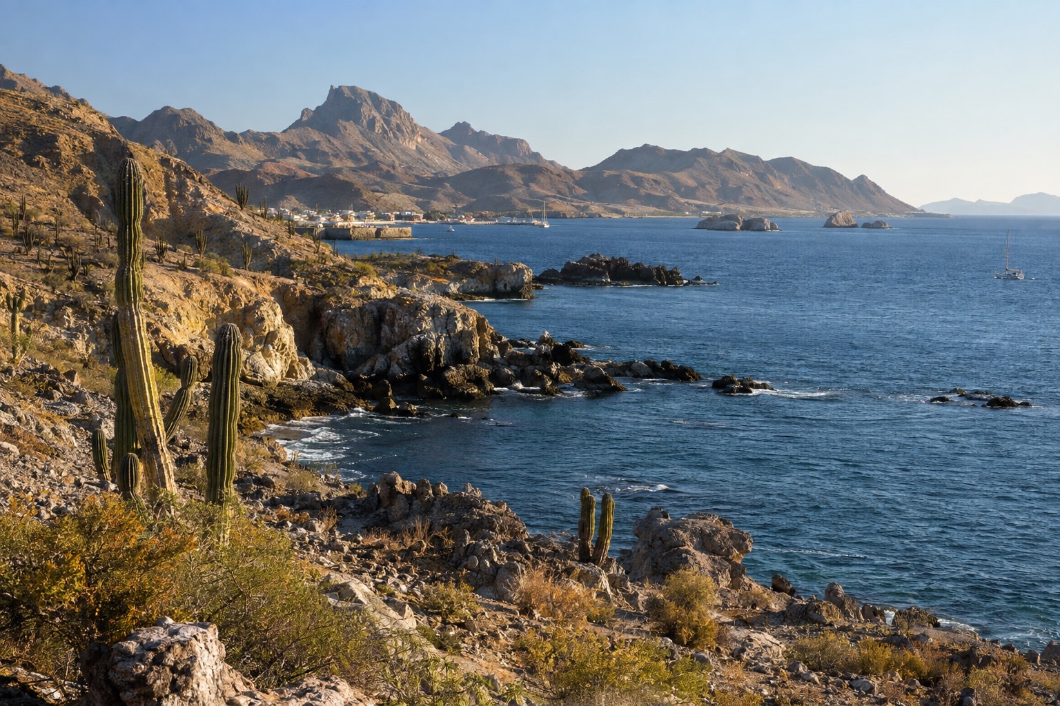 Rocky Pacific shoreline beside a small harbor town in Baja California under a clear sky