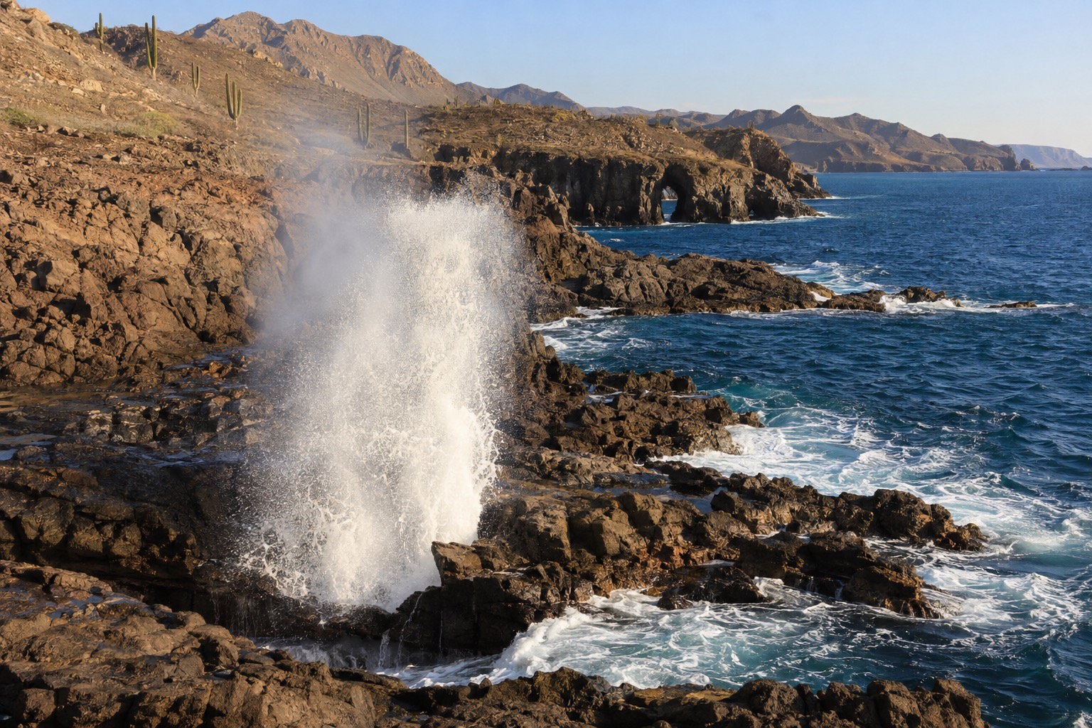A plume of seawater rising from a coastal blowhole against a rocky headland
