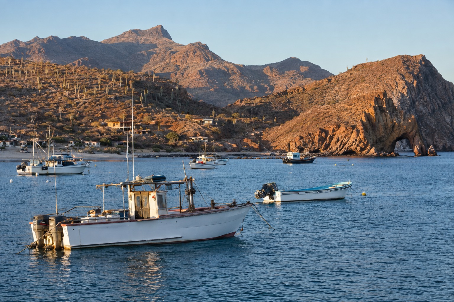 Fishing boats moored in a harbor with low hills behind, early morning light