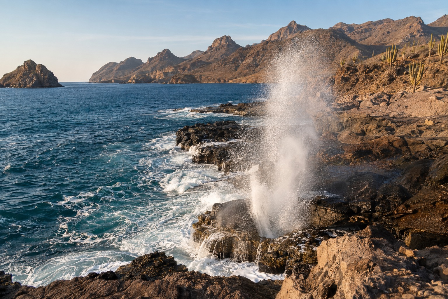 A plume of seawater rising from a rocky coastal blowhole above breaking waves