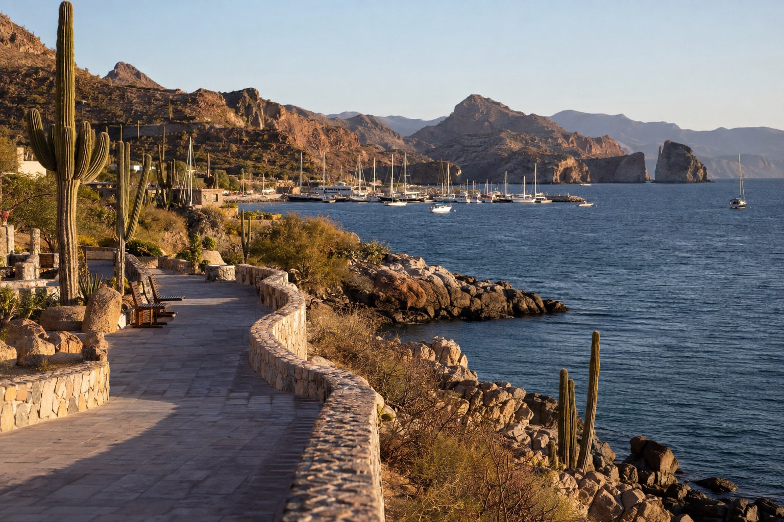 Waterfront promenade along a curved bay with a harbor and low hills under a pale sky