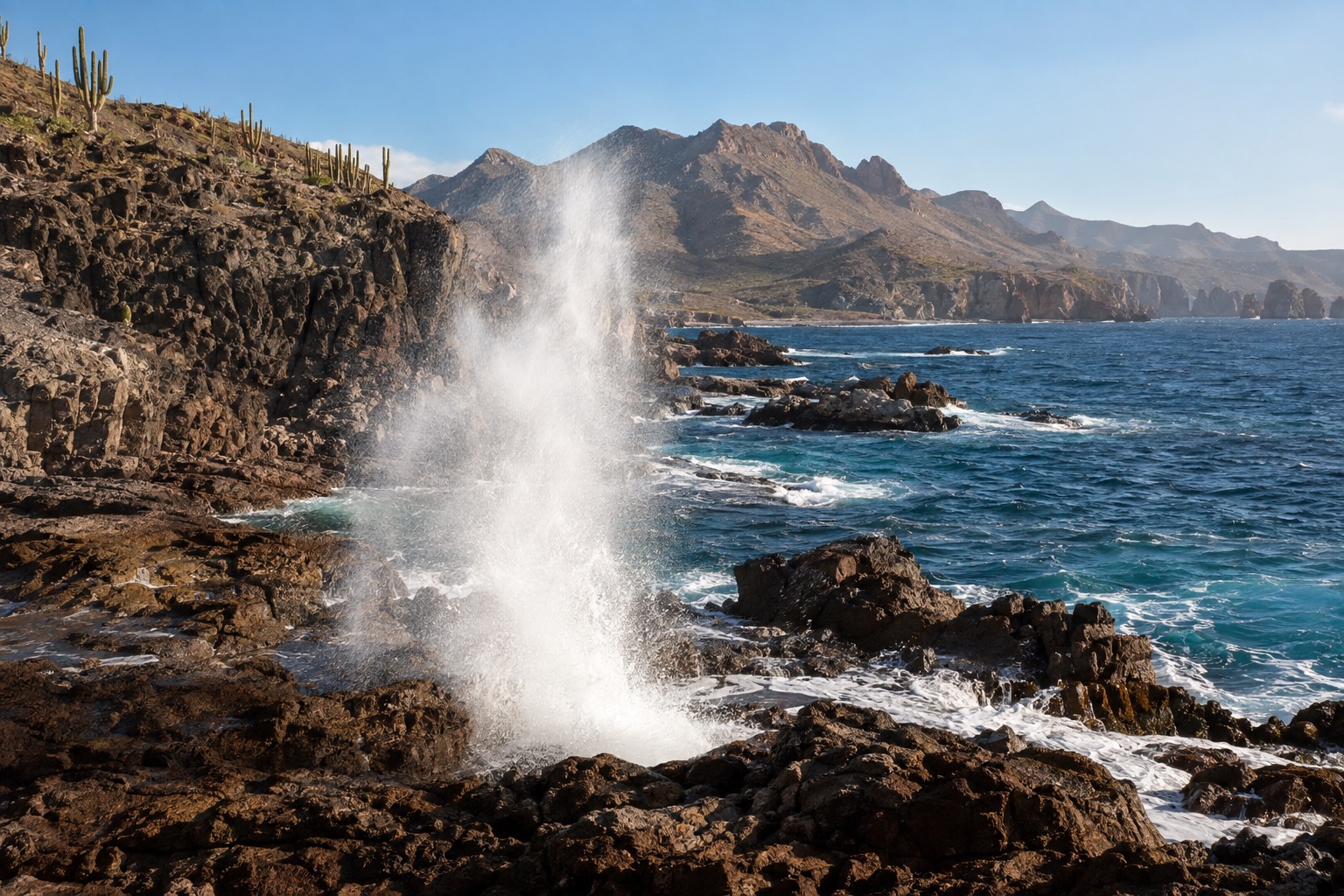 Seawater bursting upward through a rocky coastal blowhole on a rugged headland