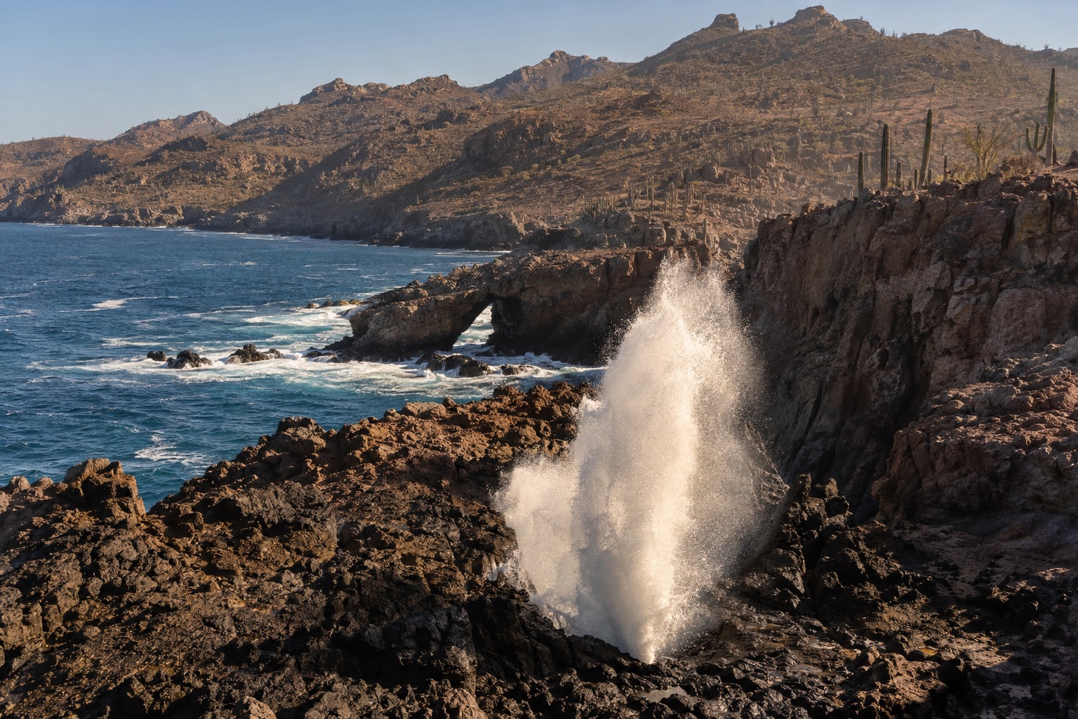A plume of seawater rising from a blowhole on a rocky headland above the Pacific