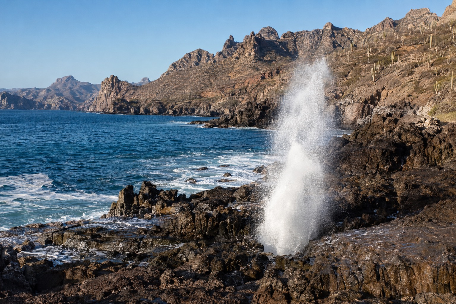 A plume of seawater bursting upward from a rocky coastal blowhole under a clear sky