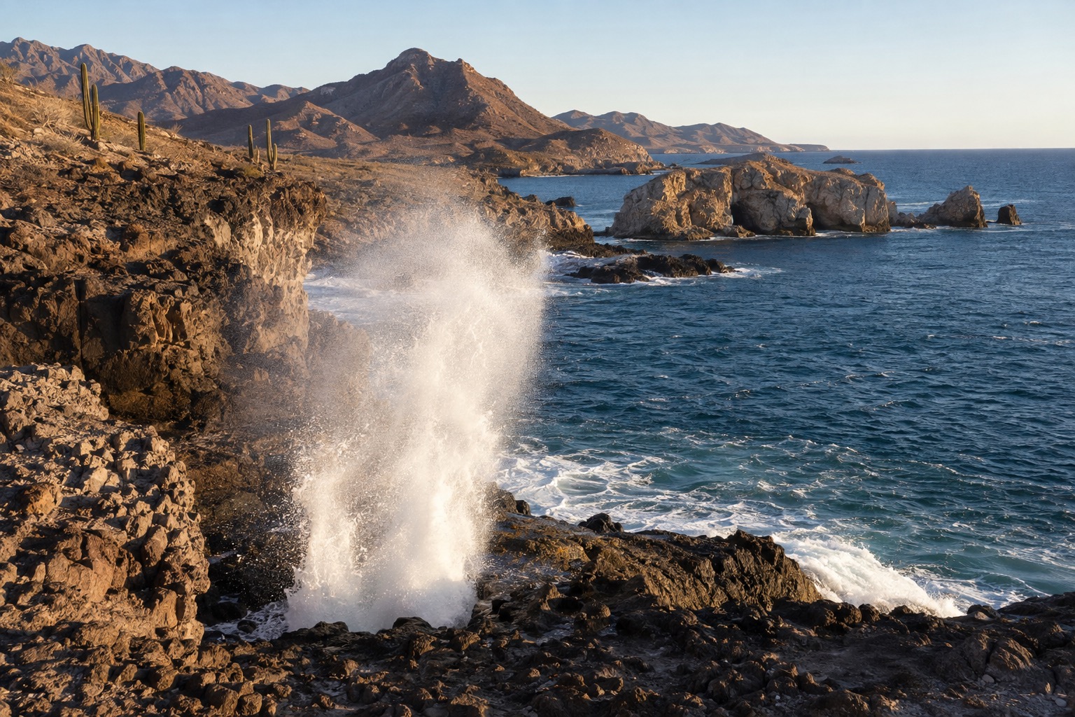 A plume of seawater rising from a rocky coastal blowhole on a headland