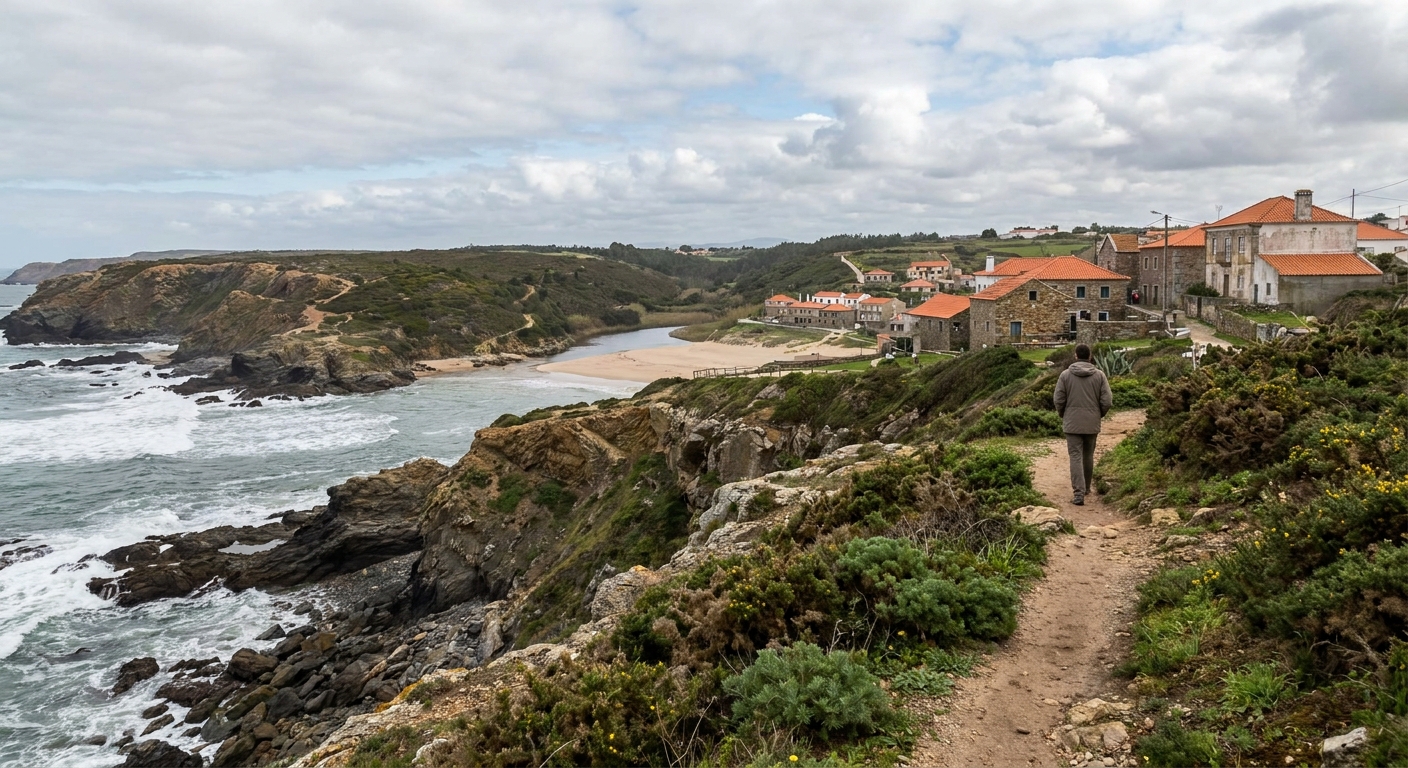 Cliff path above a rocky Atlantic surf beach with low green scrub under broken cloud