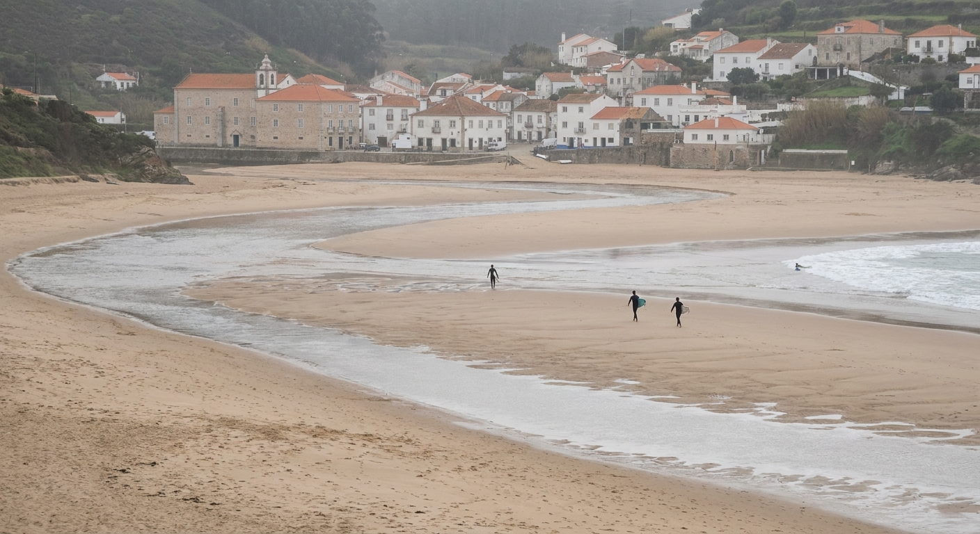 Wide sandy river-mouth beach at low tide with shallow channels and a few surfers