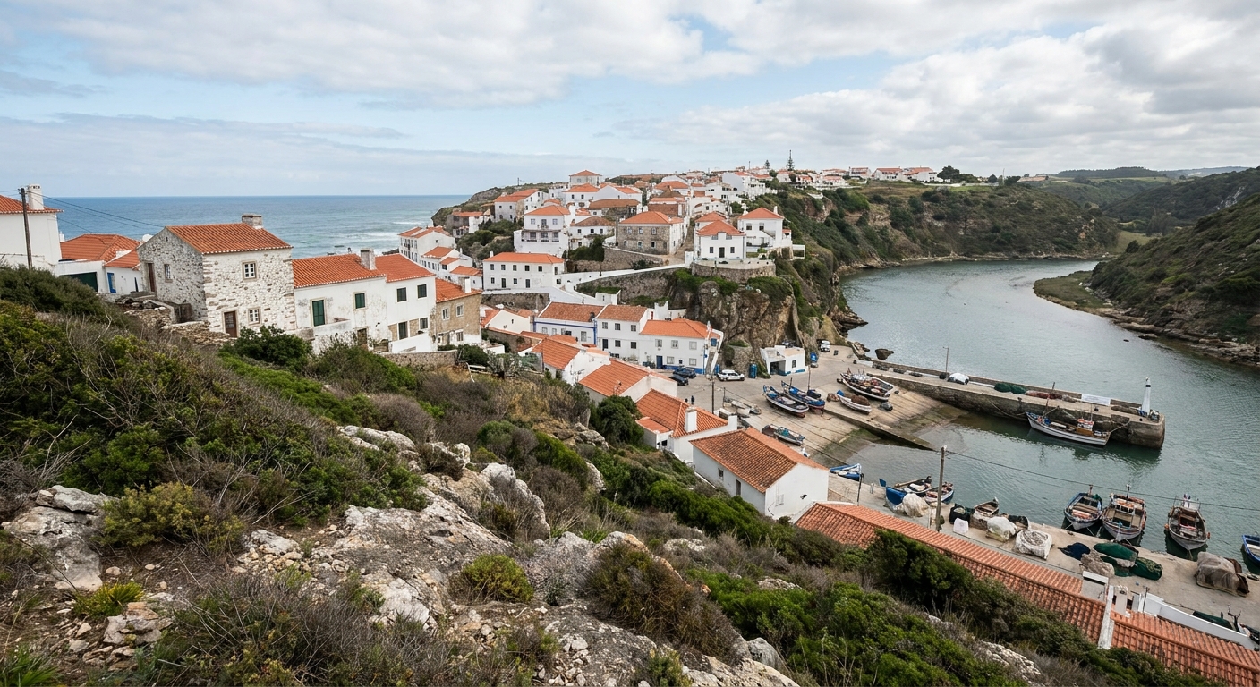 Whitewashed clifftop houses above a small fishing harbor on the Portuguese Atlantic coast