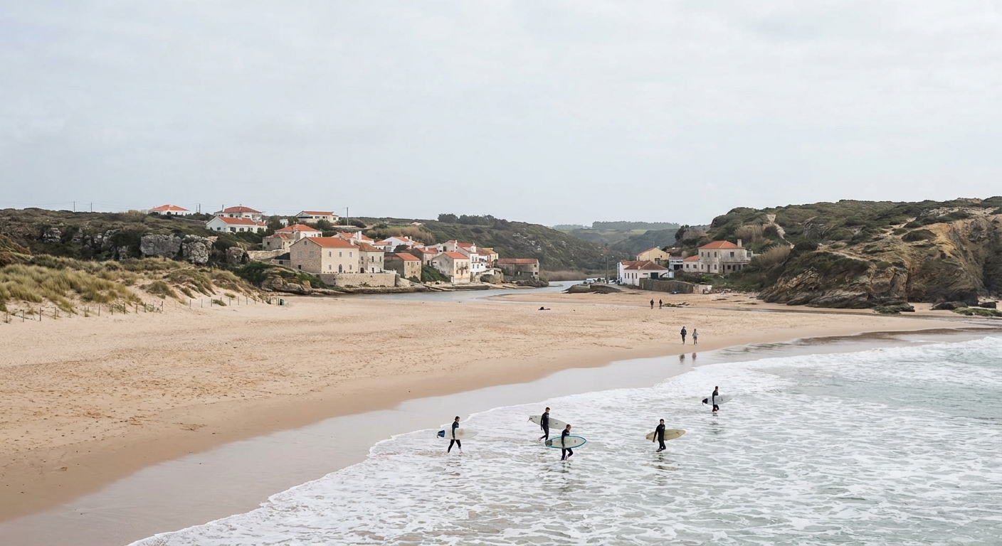 A wide sandy beach at a river mouth with low cliffs behind and surfers in the shallows