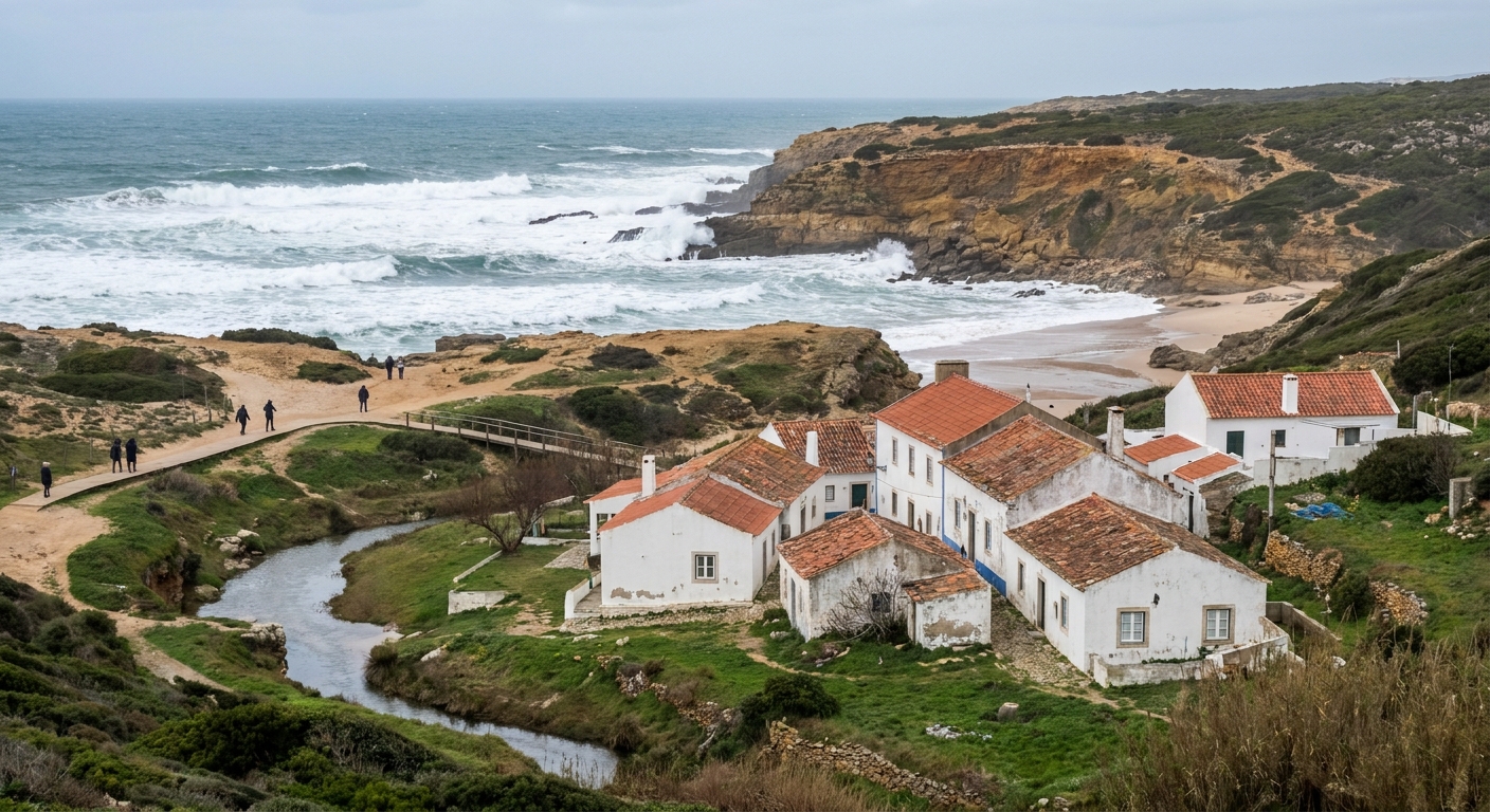 Waves breaking below low cliffs at Ribeira d'Ilhas with a gray winter sky