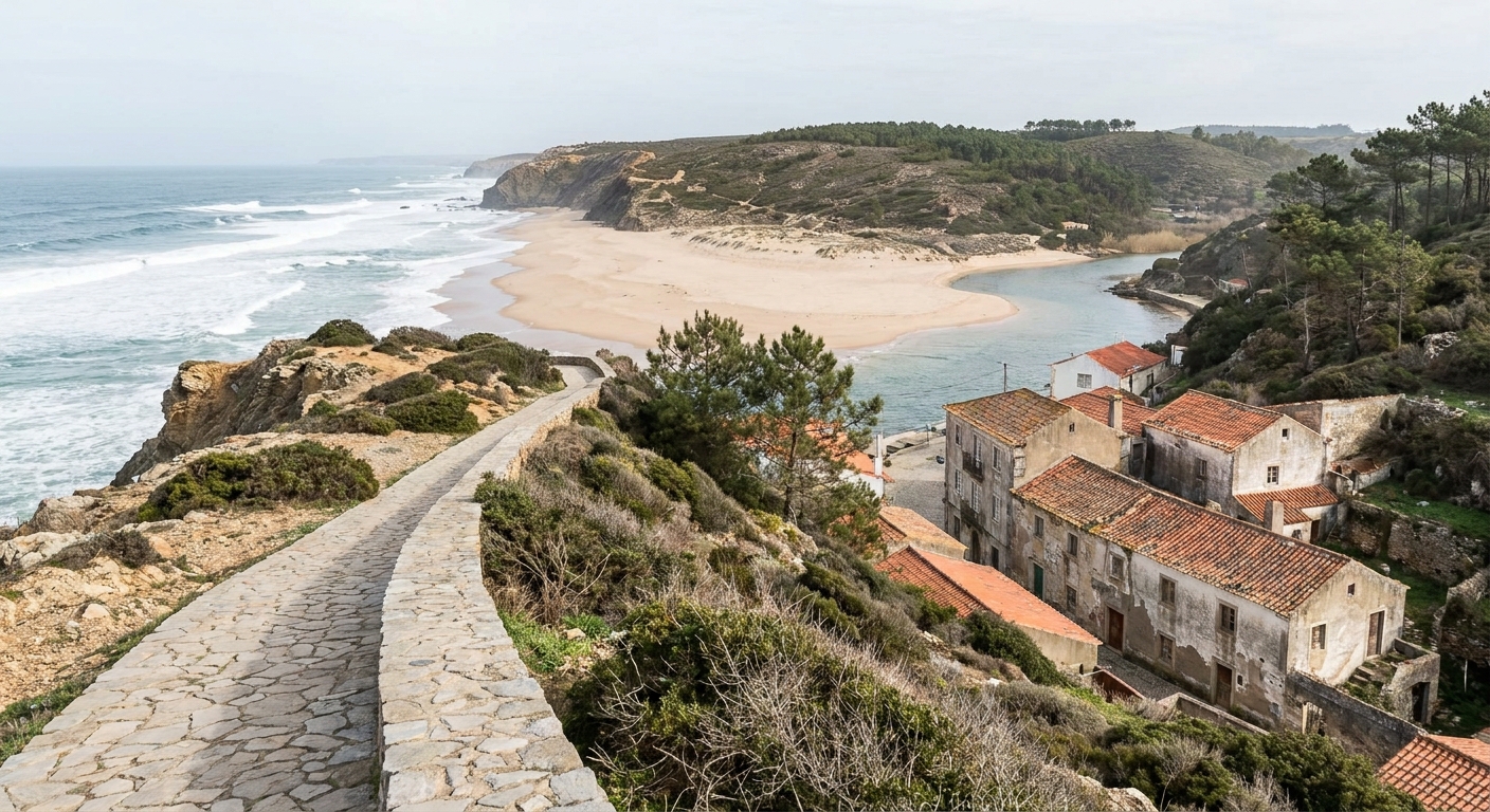 A paved cliff-top walkway above a sandy beach with winter surf and no people