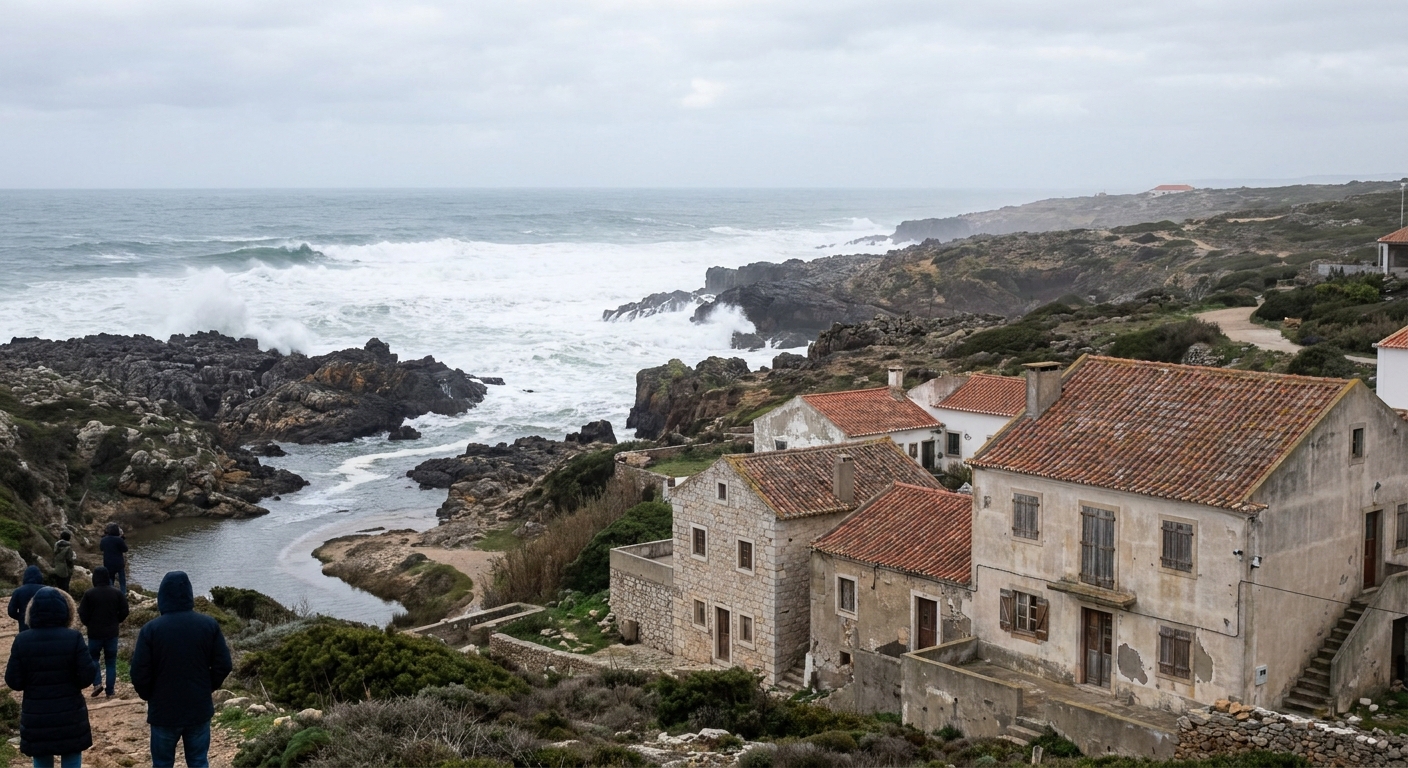Winter swell breaking along the rocky point north of Ericeira under a gray sky