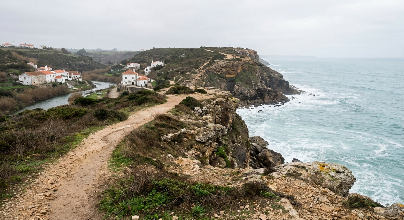 An empty clifftop path above a rocky cove on the Ericeira coastline in winter