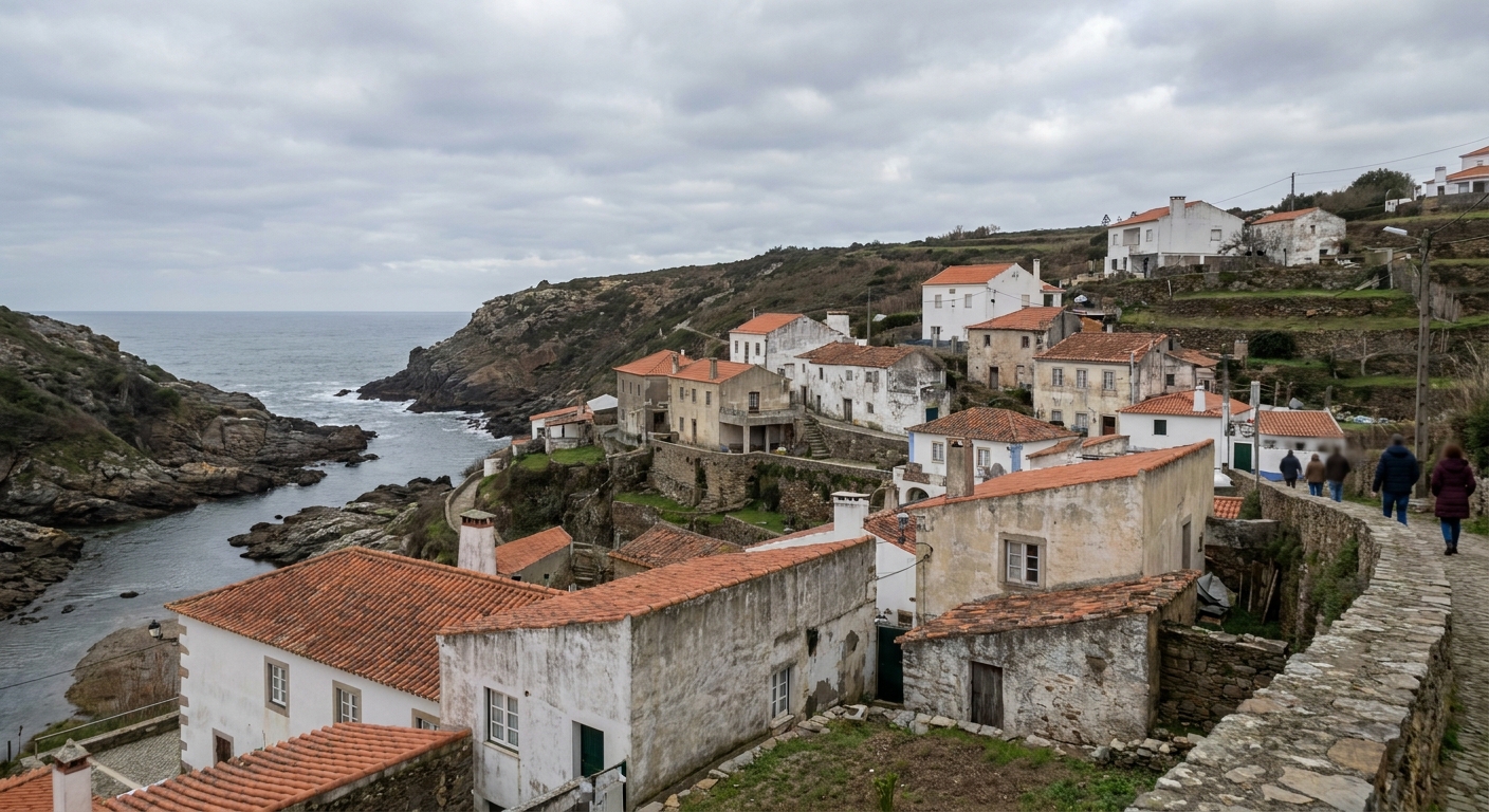 Whitewashed houses above a rocky Atlantic shoreline under gray winter cloud