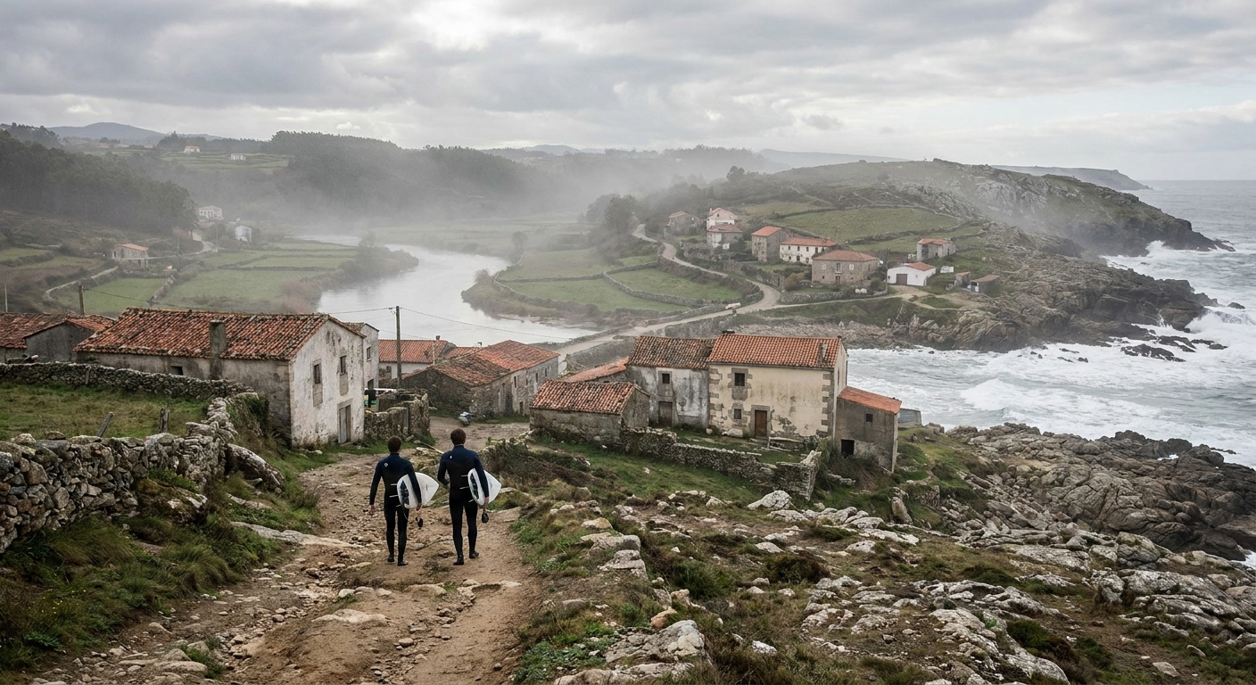 Surfers carrying boards down a dirt track toward a rocky reef break on a gray morning