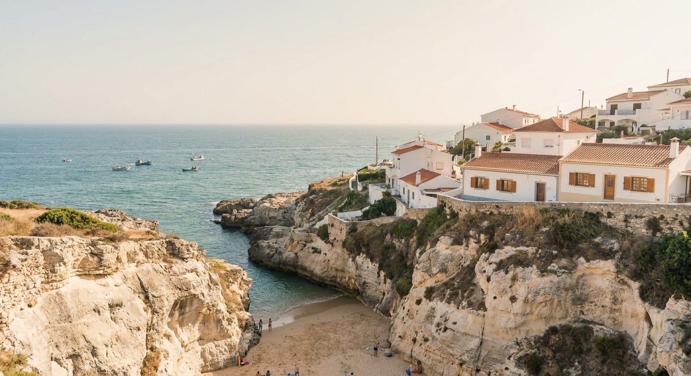 Cliffs and a sandy cove below the whitewashed houses of Ericeira on a clear summer day