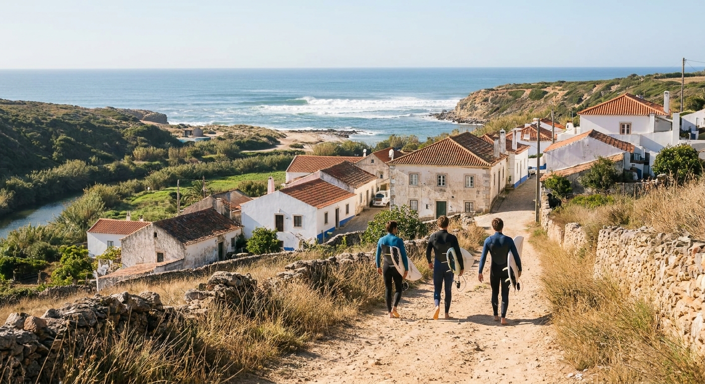 Surfers carrying boards down a sandy path toward a reef break north of Ericeira under a clear sky