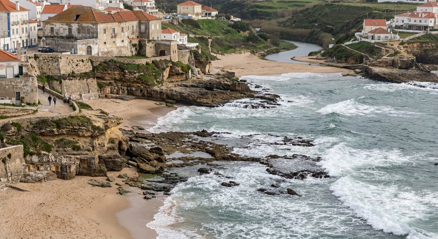 Surf breaking over a rocky reef below low cliffs on the coast at Ericeira, Portugal