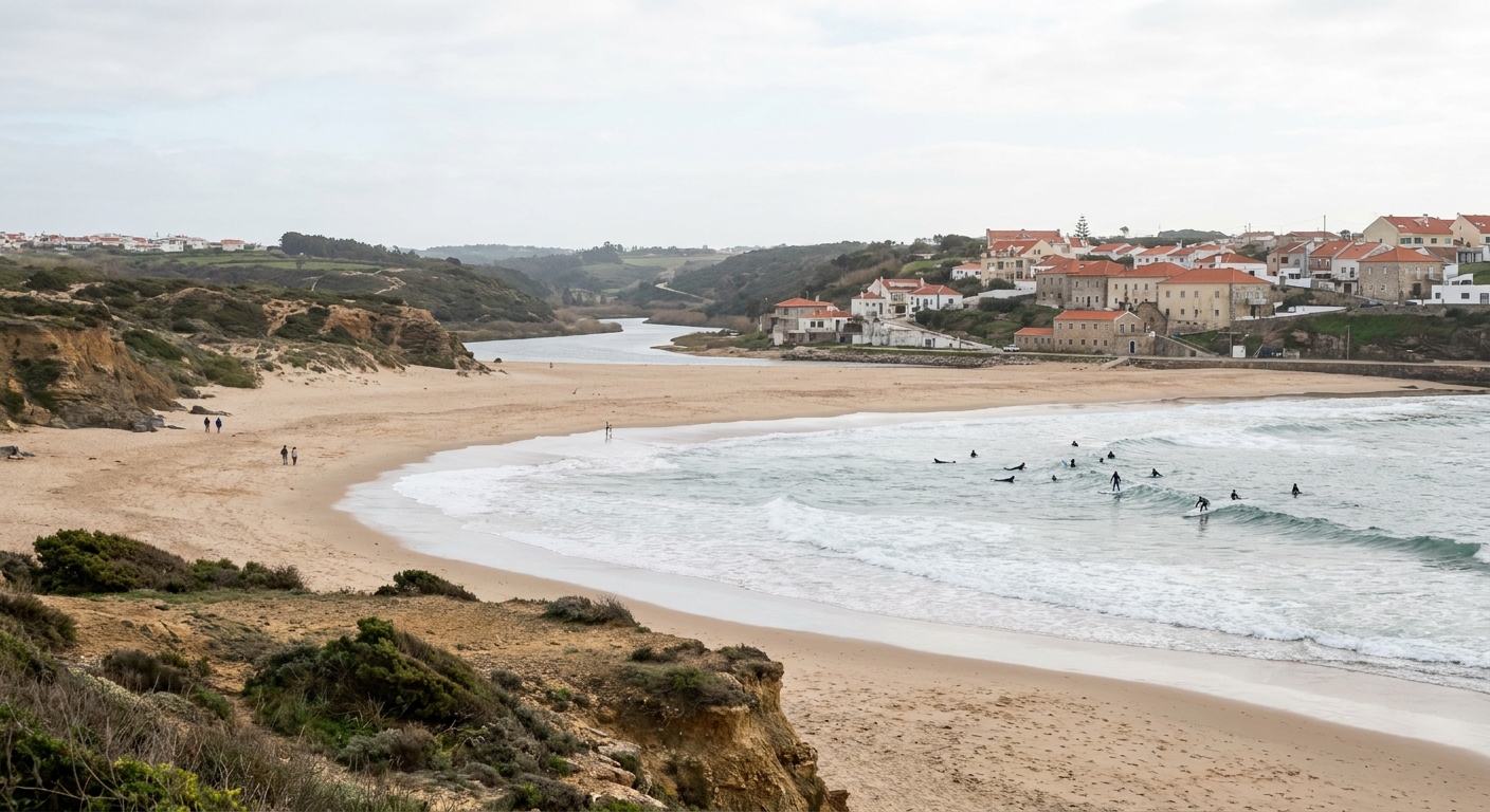 A wide sandy beach at a river mouth with low cliffs and surfers in the water south of Ericeira