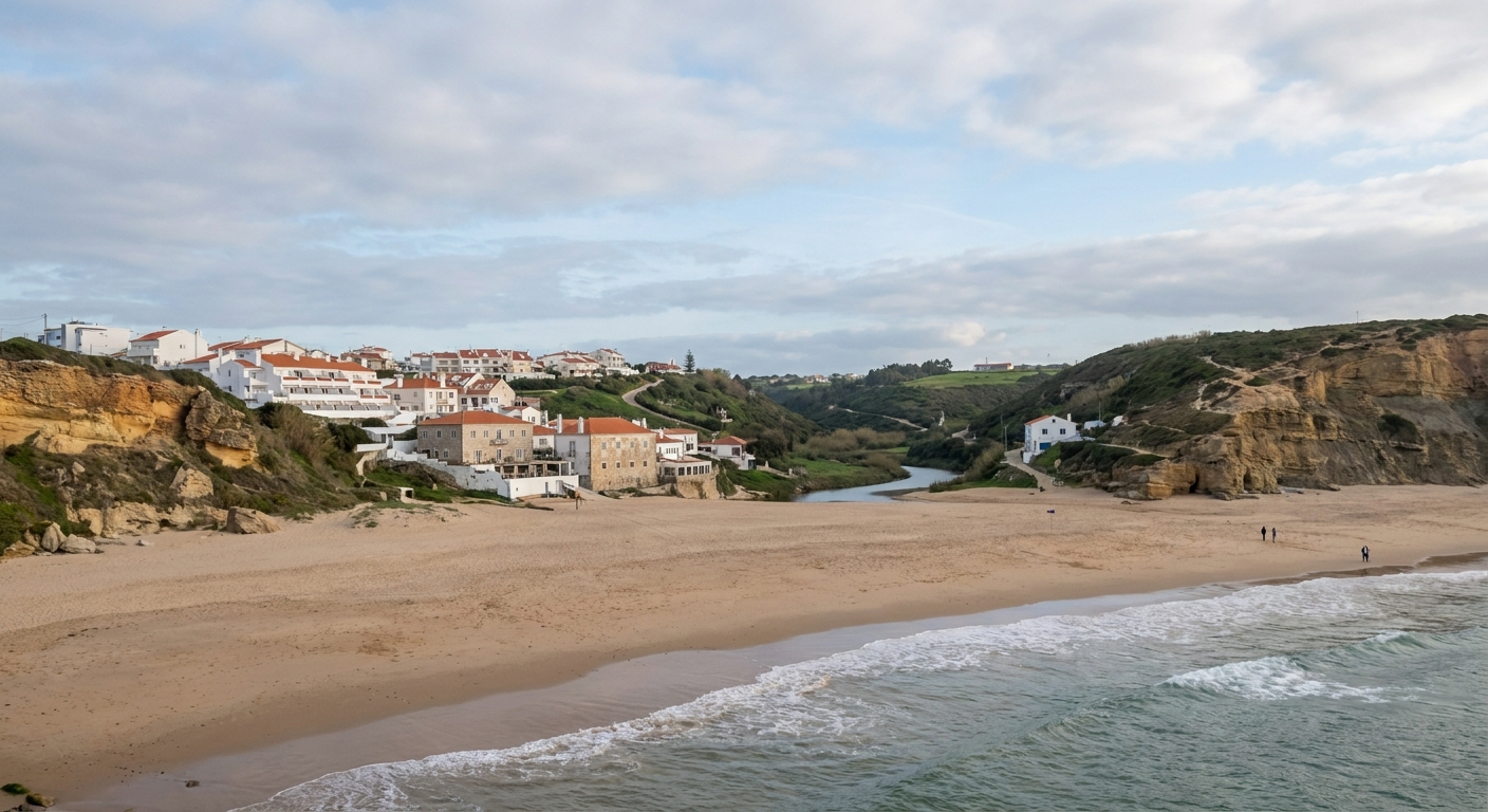 Cliffs and a sandy beach on the Atlantic coast at Ericeira under scattered cloud