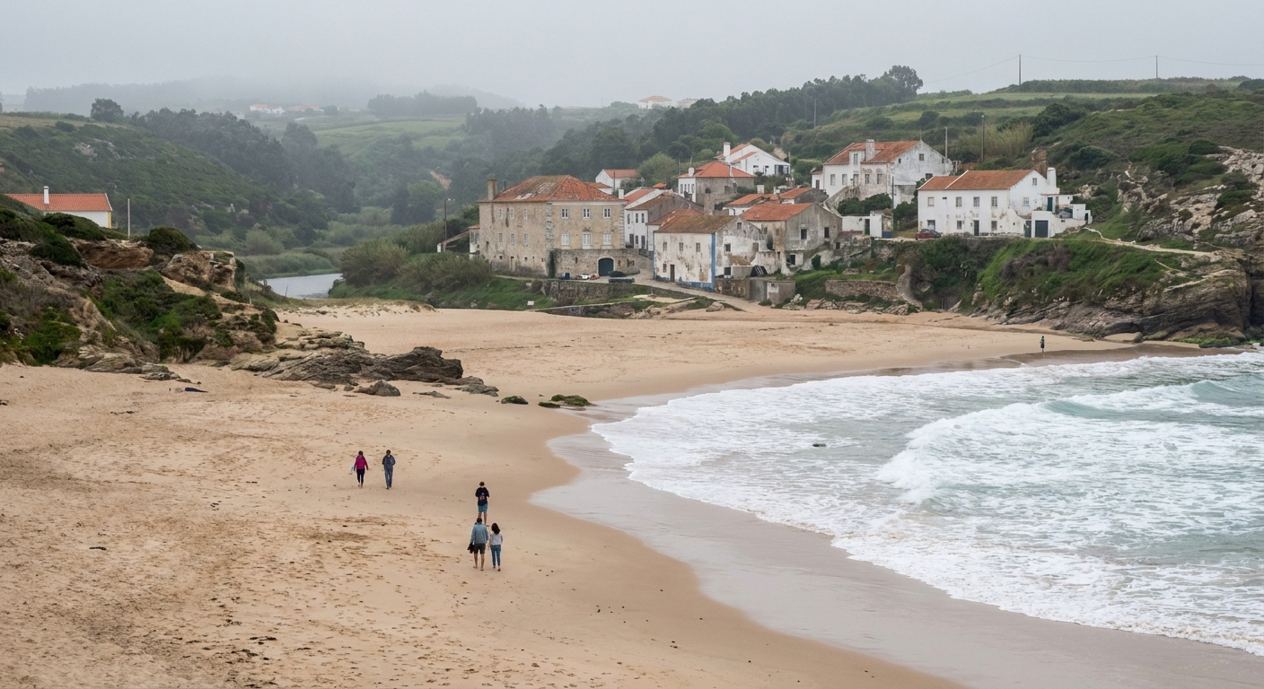 A surf beach below cliffs north of Ericeira with a few people walking on the sand
