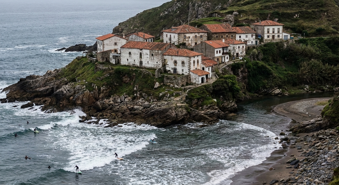 Whitewashed houses on a cliff above a rocky Atlantic beach with surfers in the water
